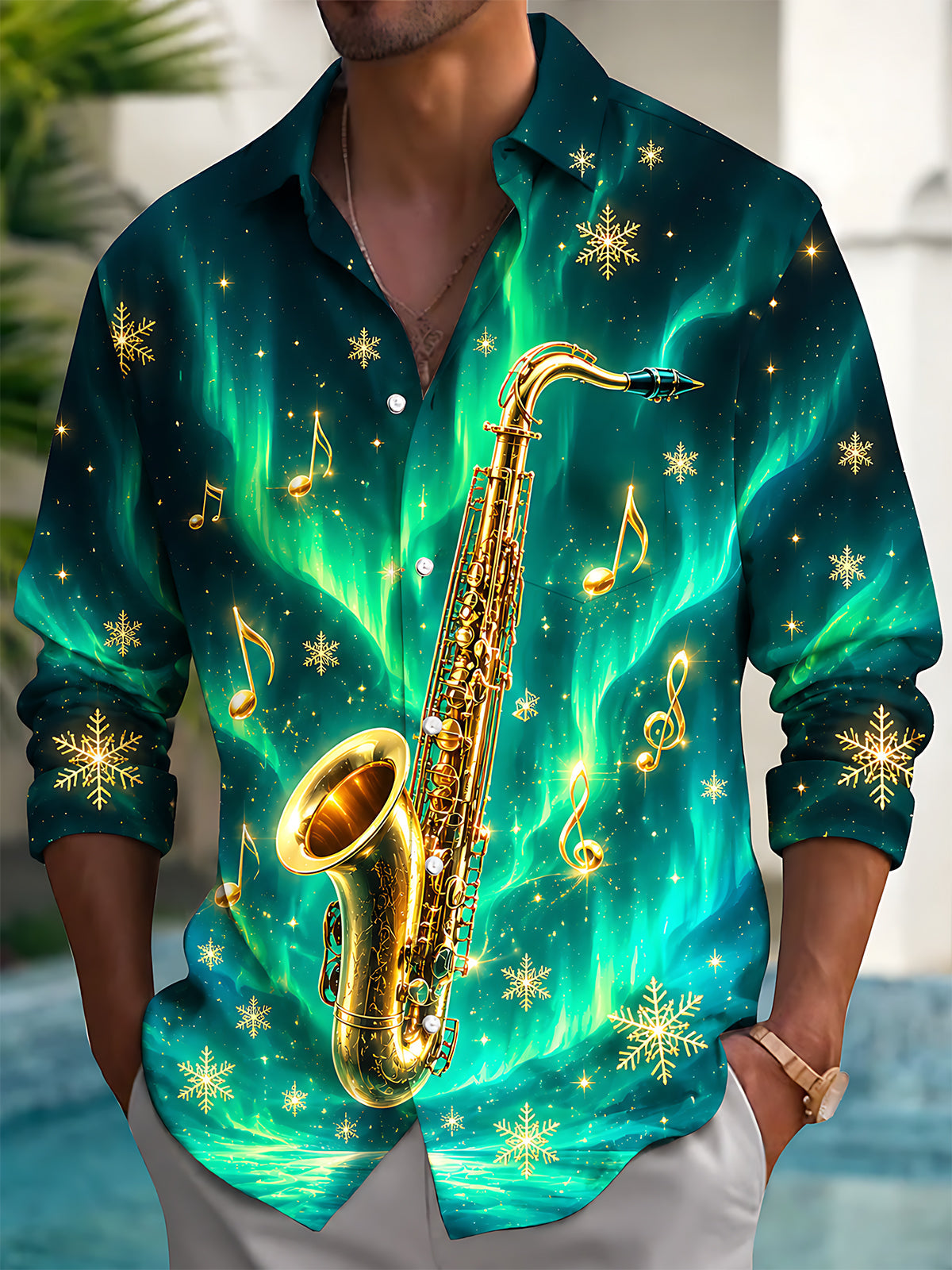 Oceanlyte Men's Graphic Saxophone Print Snowflakes Print Long Sleeve Shirt with Chest Pocket