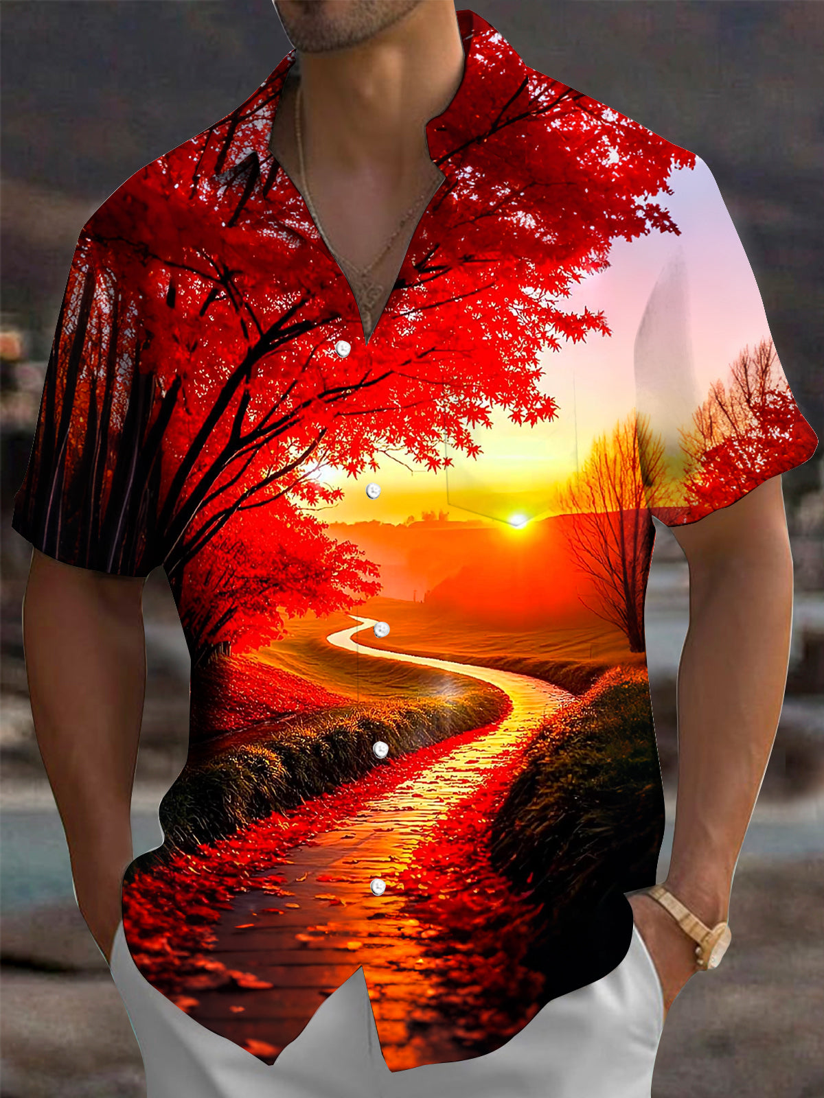 Oceanlyte Men's Hawaiian Autumn Maple Sunset Scenery Print Short Sleeve Shirt with Chest Pocket