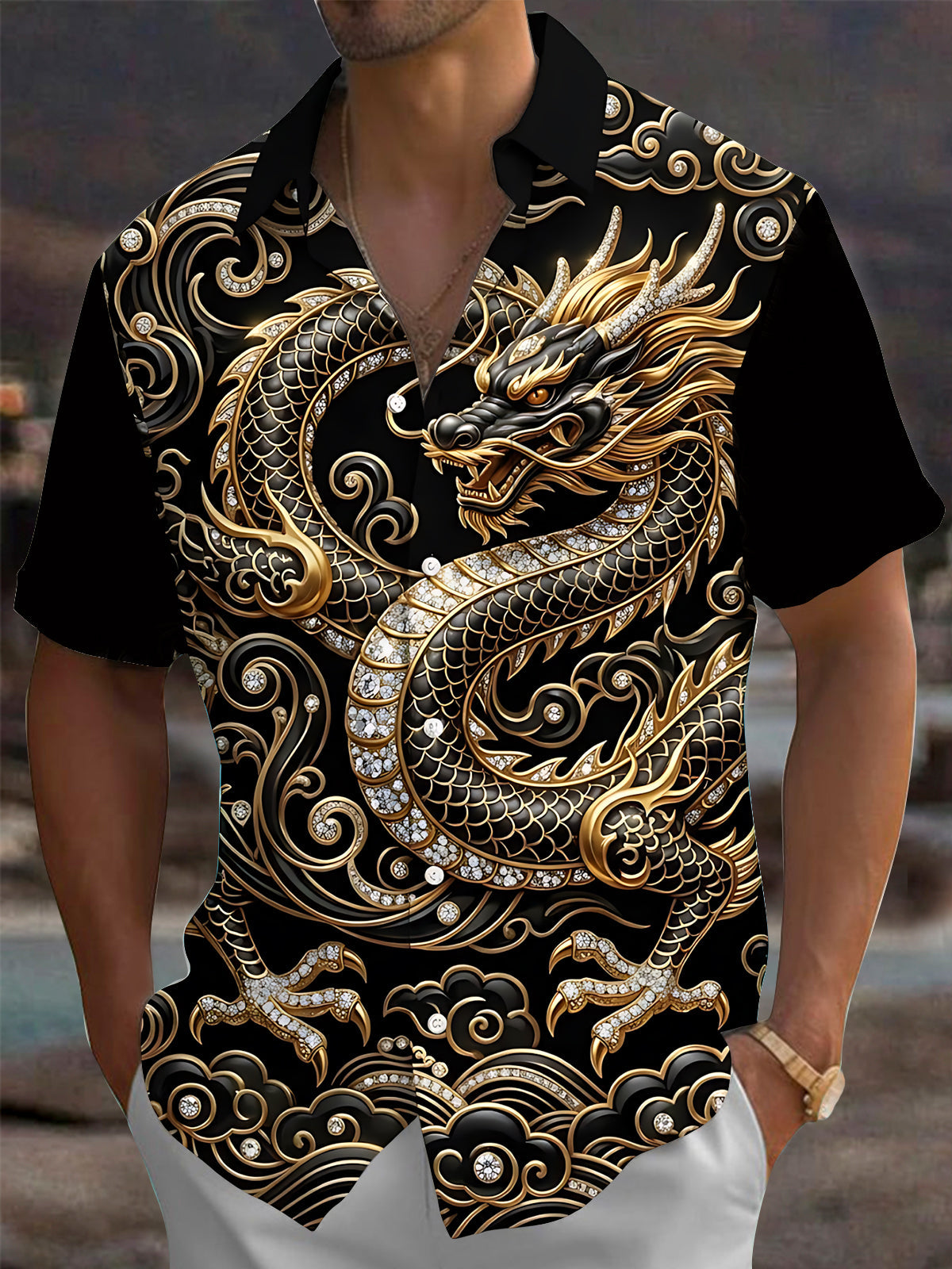 Oceanlyte Men's Graphic Dragon Print Printed Print Short Sleeve Shirt with Chest Pocket
