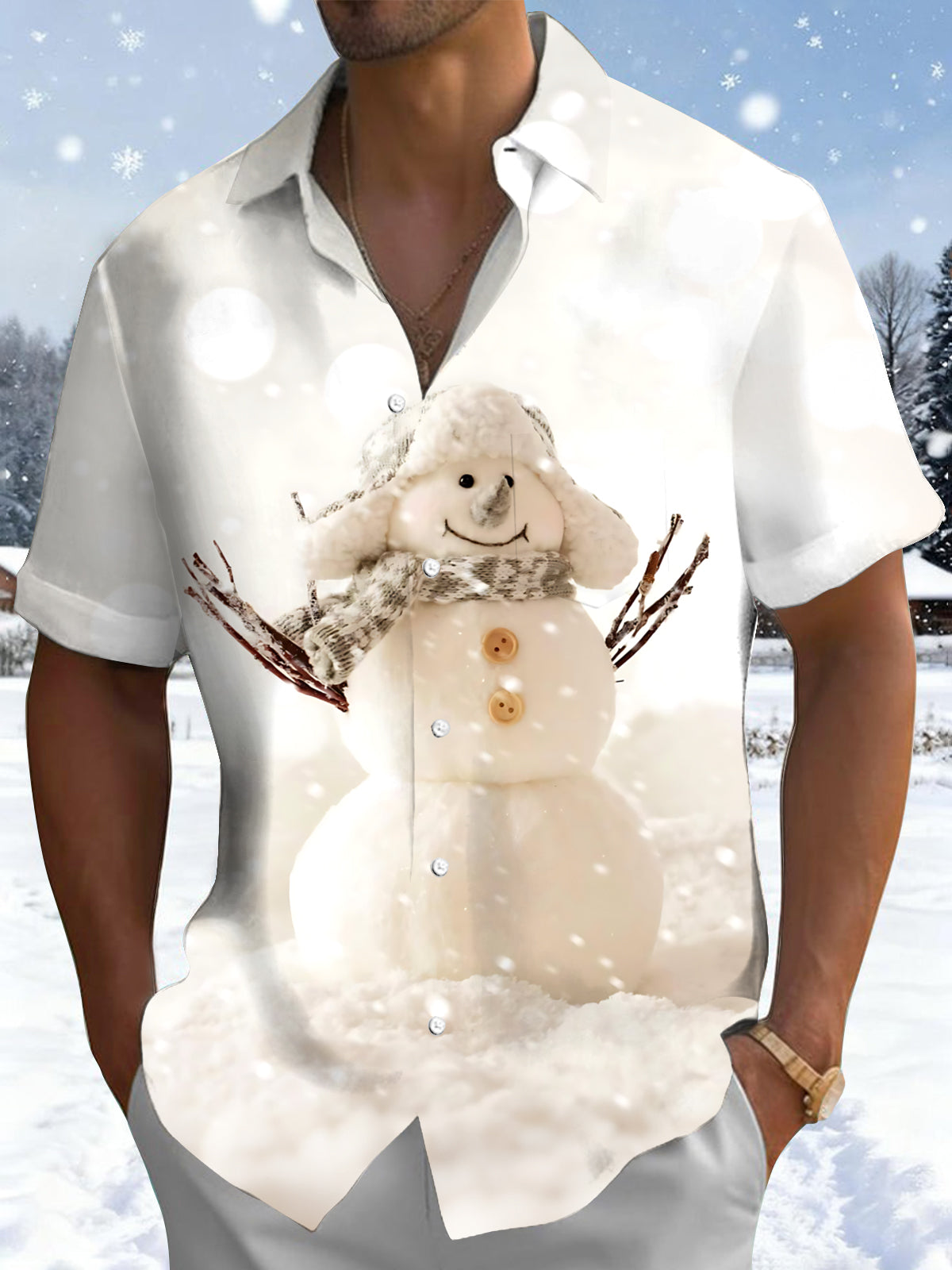Oceanlyte Men's Graphic Snowman Print Winter Snow Print Short Sleeve Shirt with Chest Pocket