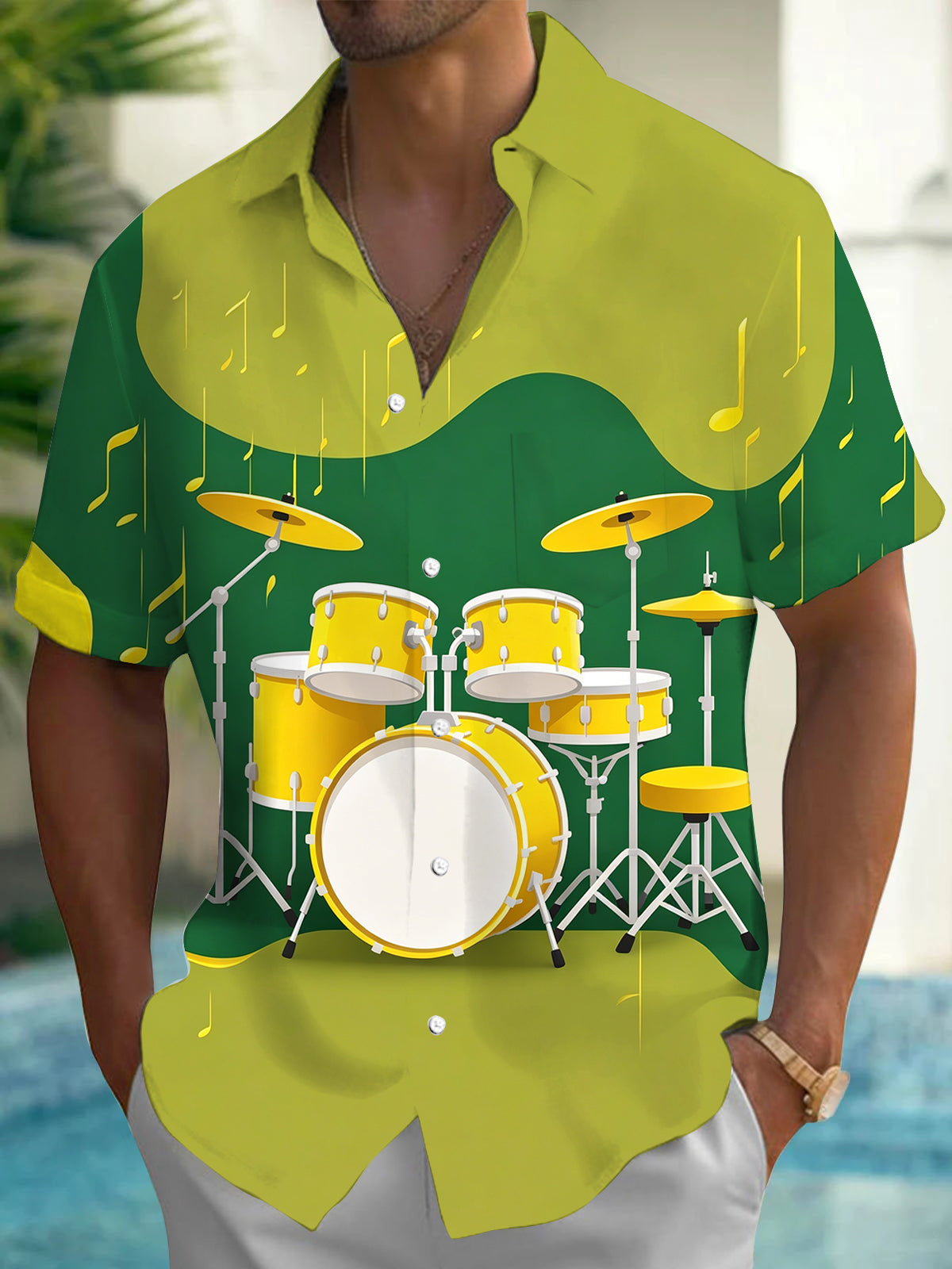 Oceanlyte Men's Hawaiian Drum Set Print Musical Notes Print Short Sleeve Shirt with Chest Pocket