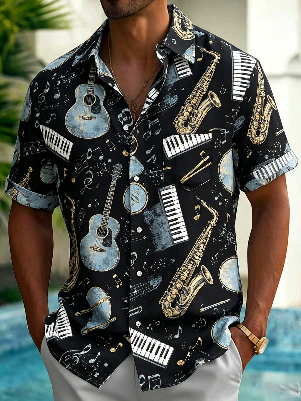 Oceanlyte Men's Hawaiian Musical Instruments Print Short Sleeve Shirt with Chest Pocket