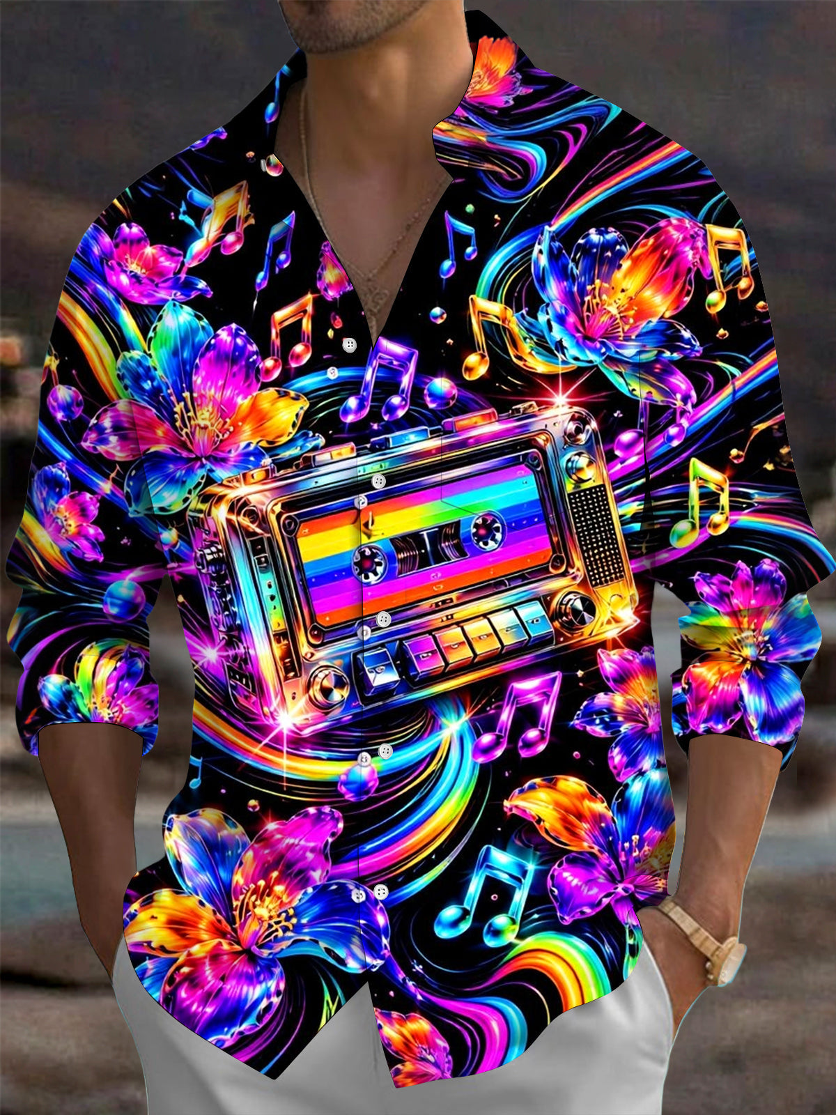 Oceanlyte Men's Hawaiian Neon Cassette Tape Print Long Sleeve Shirt with Chest Pocket