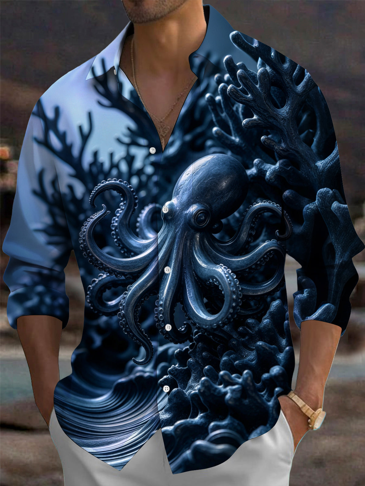 Oceanlyte Men's Graphic Octopus Print Coral Reef Print Long Sleeve Shirt with Chest Pocket