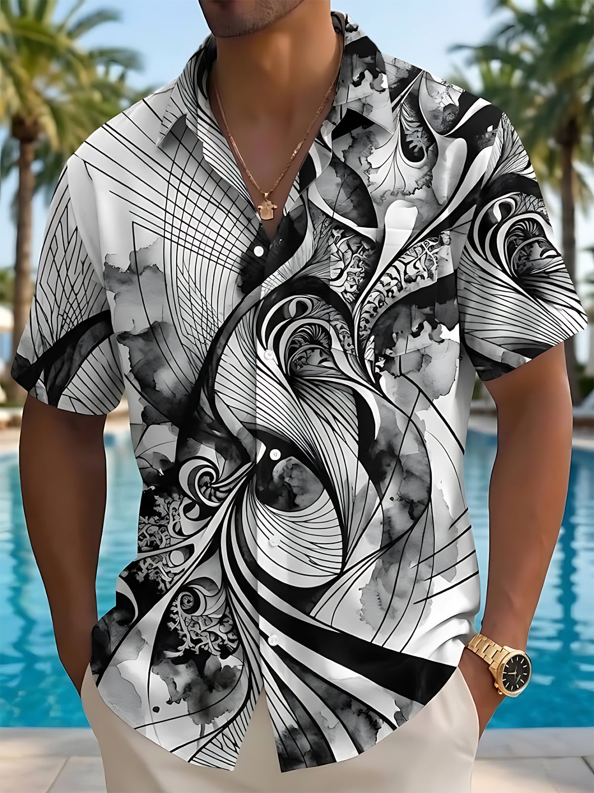 Oceanlyte Men's Abstract Abstract Swirl Lines Print Short Sleeve Shirt with Chest Pocket