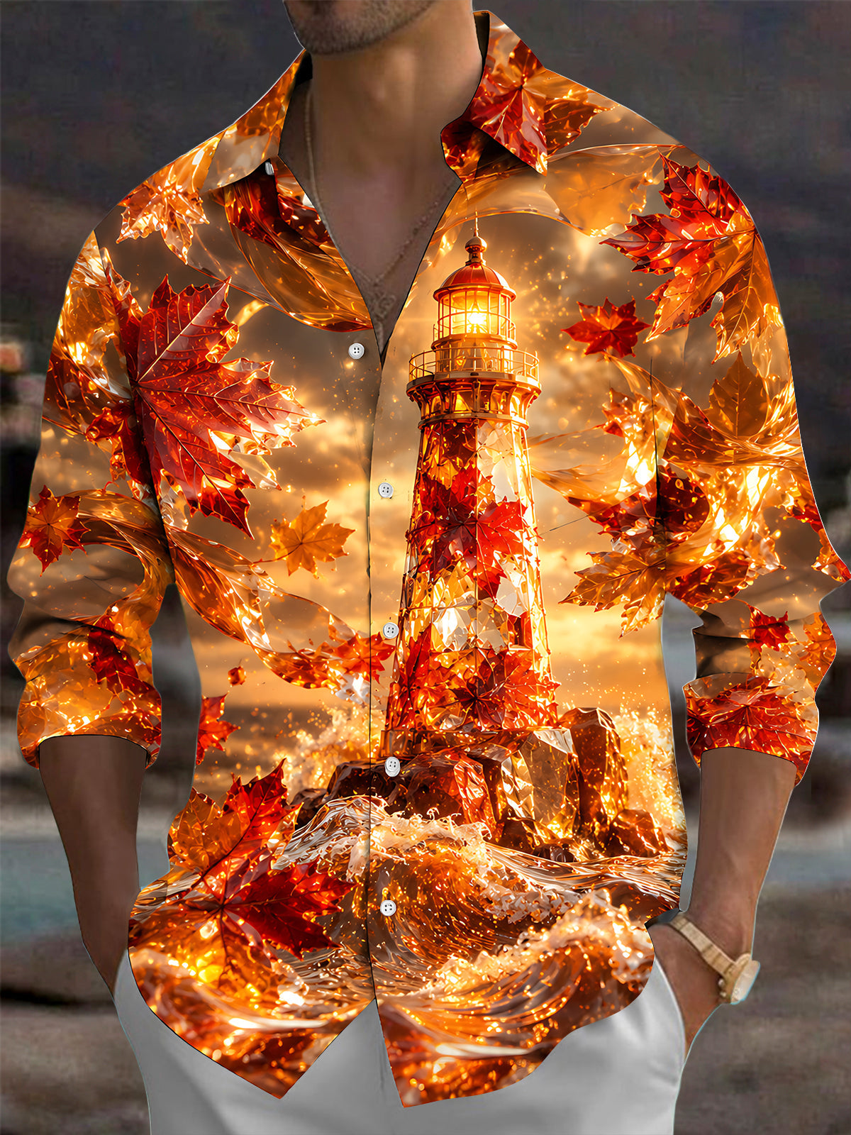 Oceanlyte Men's Printed Lighthouse Print Maple Leaves Print Long Sleeve Shirt with Chest Pocket