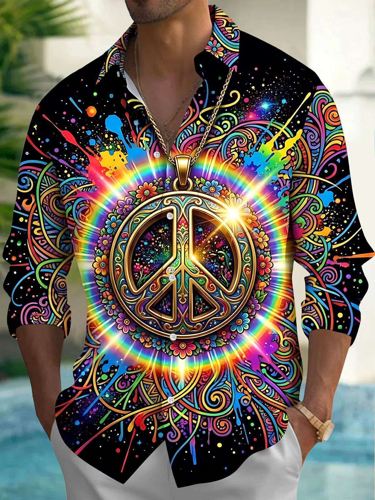 Oceanlyte Men's Retro Rainbow Peace Symbol Print Long Sleeve Shirt with Chest Pocket