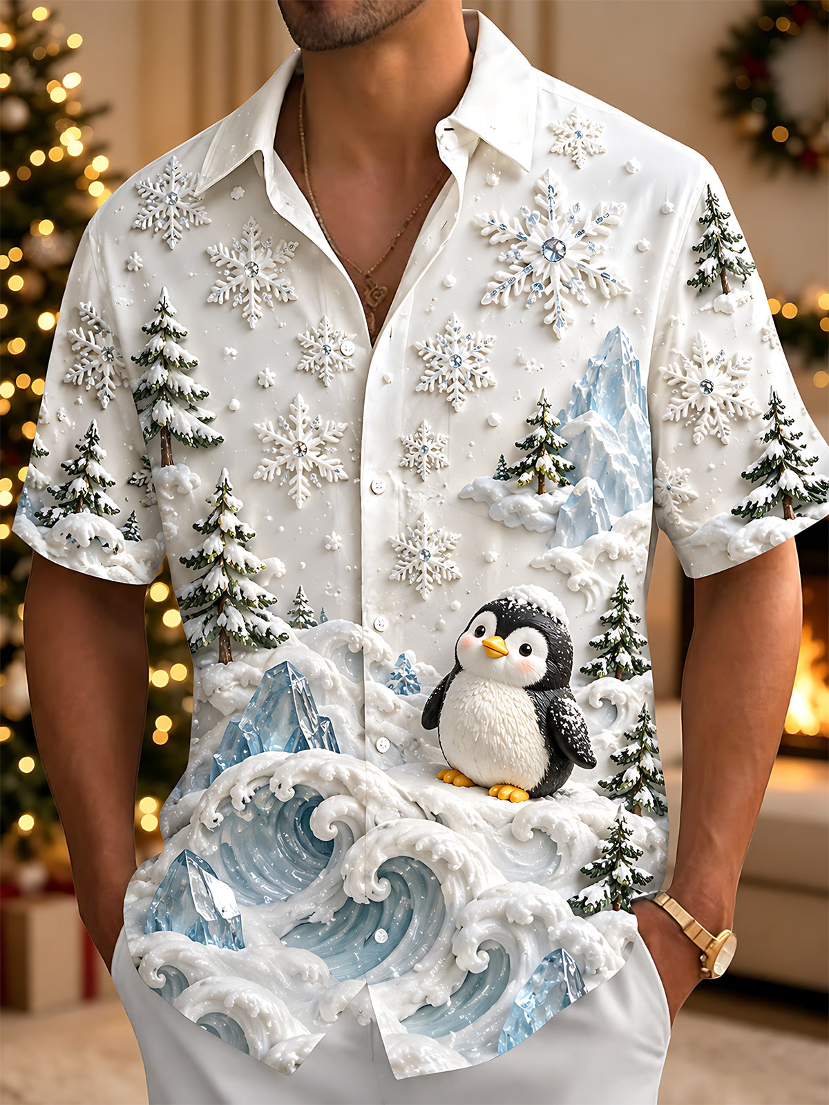 Oceanlyte Men's Graphic 3D Winter Snowscape Print Short Sleeve Shirt with Chest Pocket