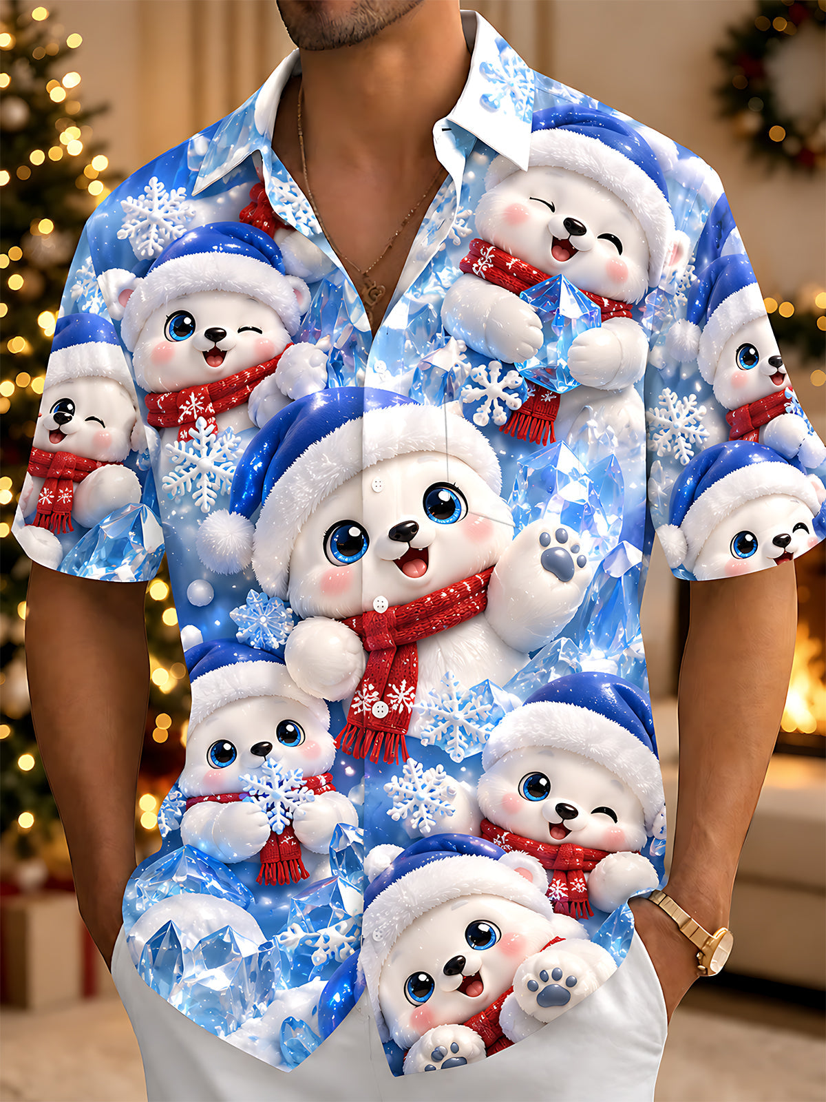 Oceanlyte Men's Graphic Christmas Polar Bear Print Short Sleeve Shirt with Chest Pocket
