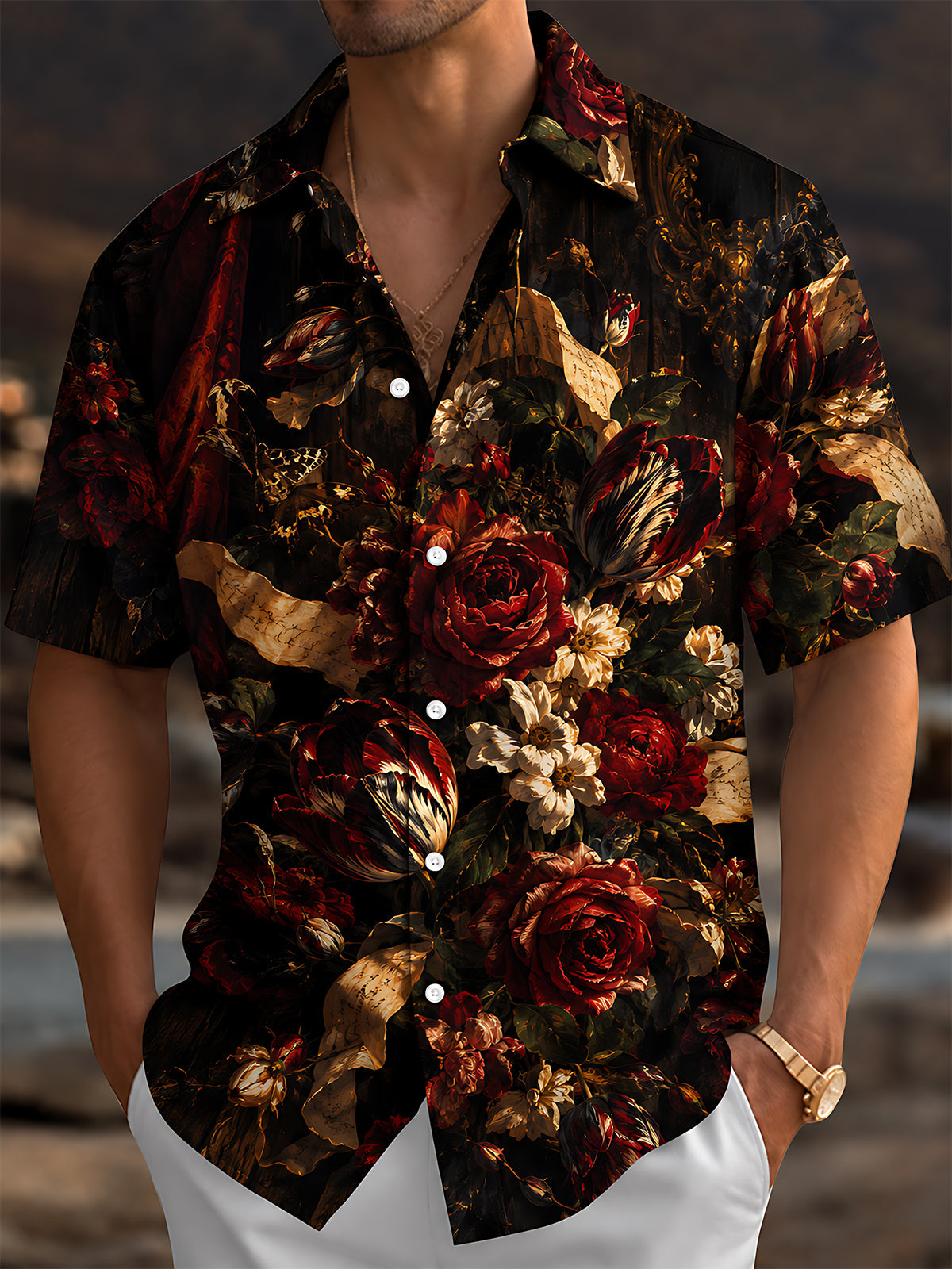 Oceanlyte Men's Vintage Style Dark Floral Bouquet Print Short Sleeve Shirt with Chest Pocket