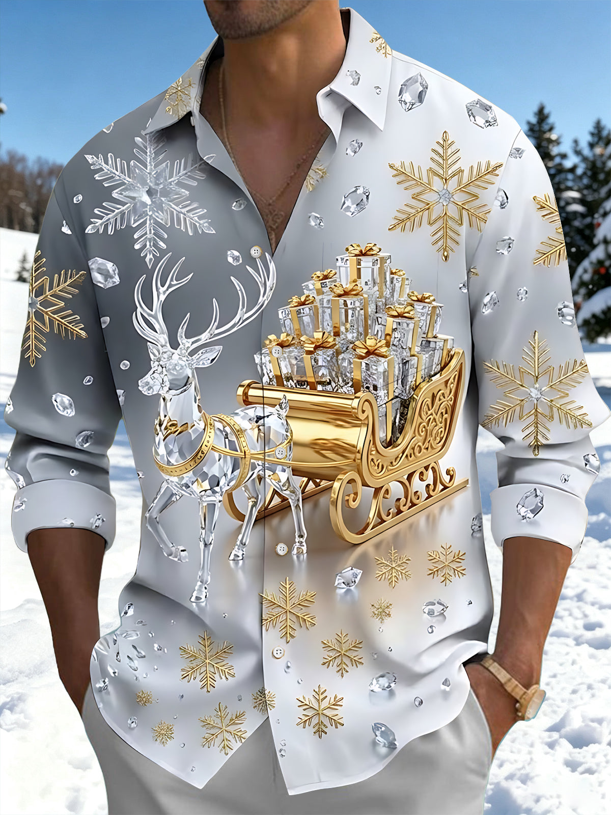Oceanlyte Men's Graphic Christmas Reindeer Sleigh Print Long Sleeve Shirt with Chest Pocket