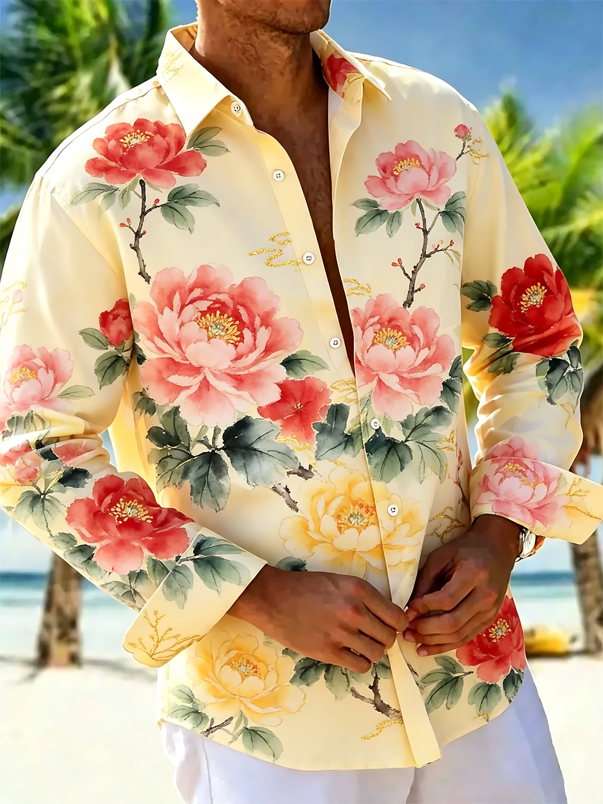 Oceanlyte Men's Floral Floral Print Large Flowers Print Long Sleeve Shirt with Chest Pocket
