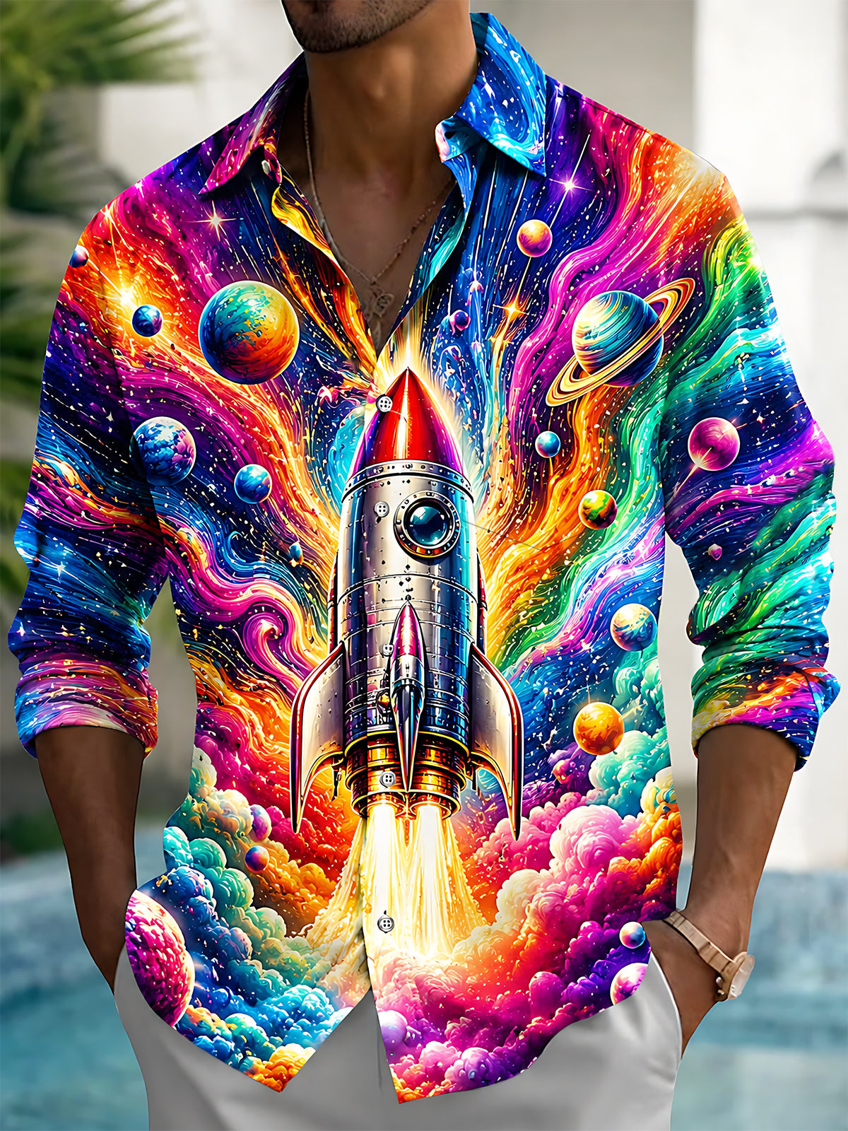 Oceanlyte Men's Graphic Rocket Launch Print Long Sleeve Shirt with Chest Pocket