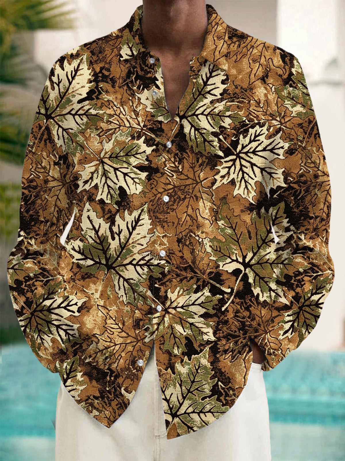 Oceanlyte Men's Printed Maple Leaf Camouflage Print Long Sleeve Shirt with Chest Pocket