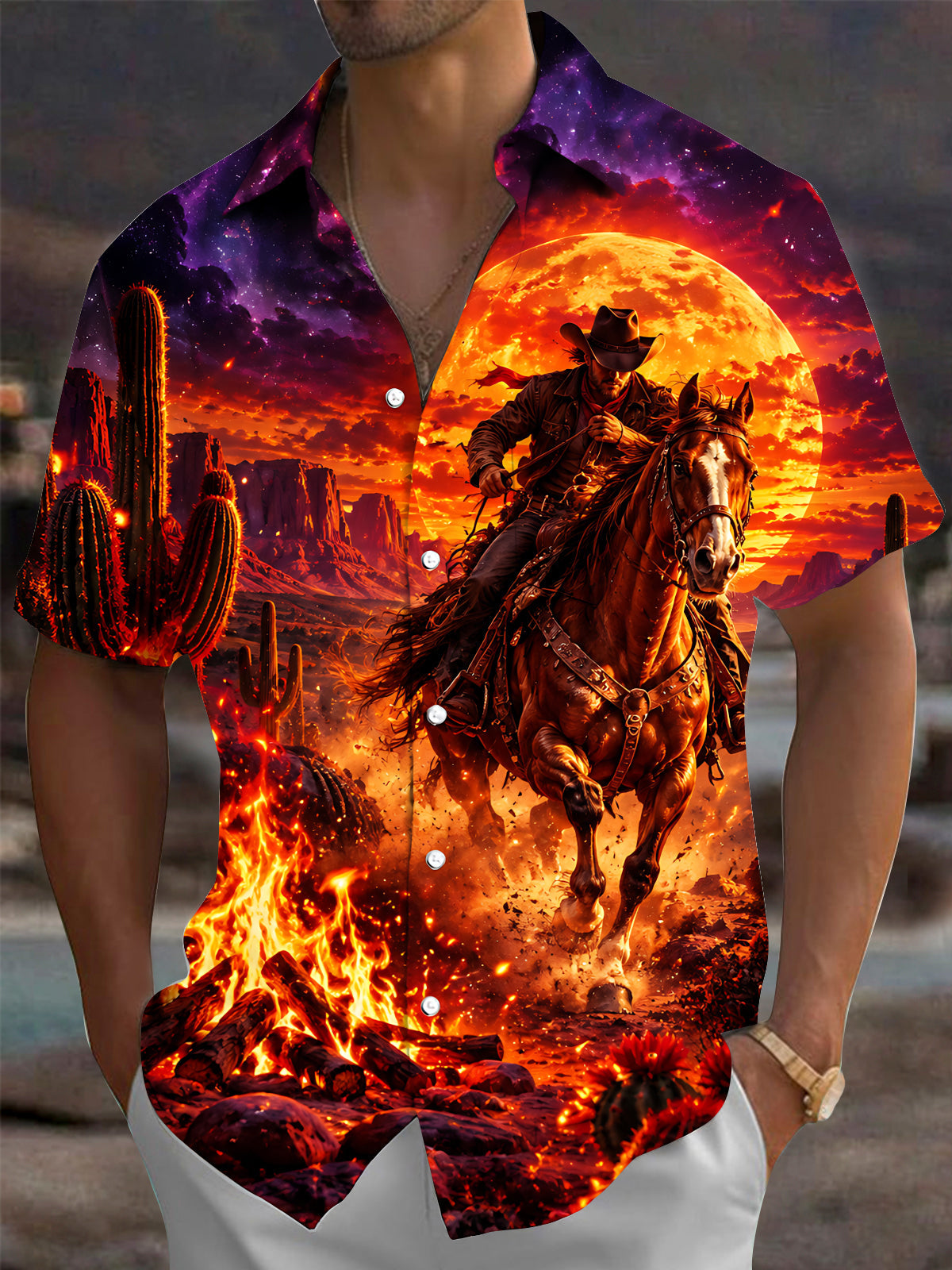 Oceanlyte Men's Printed Cowboy On Horse Print Short Sleeve Shirt with Chest Pocket