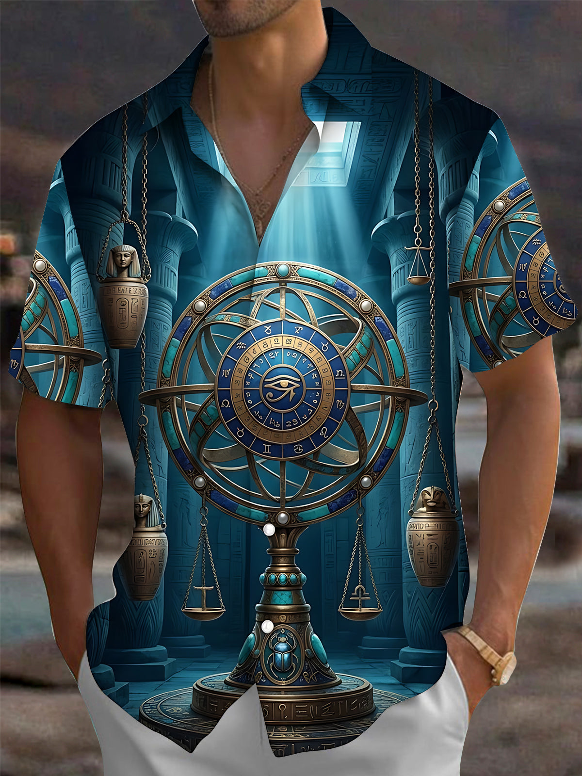 Oceanlyte Men's 3D Ancient Egyptian Armillary Sphere Print Short Sleeve Shirt with Chest Pocket