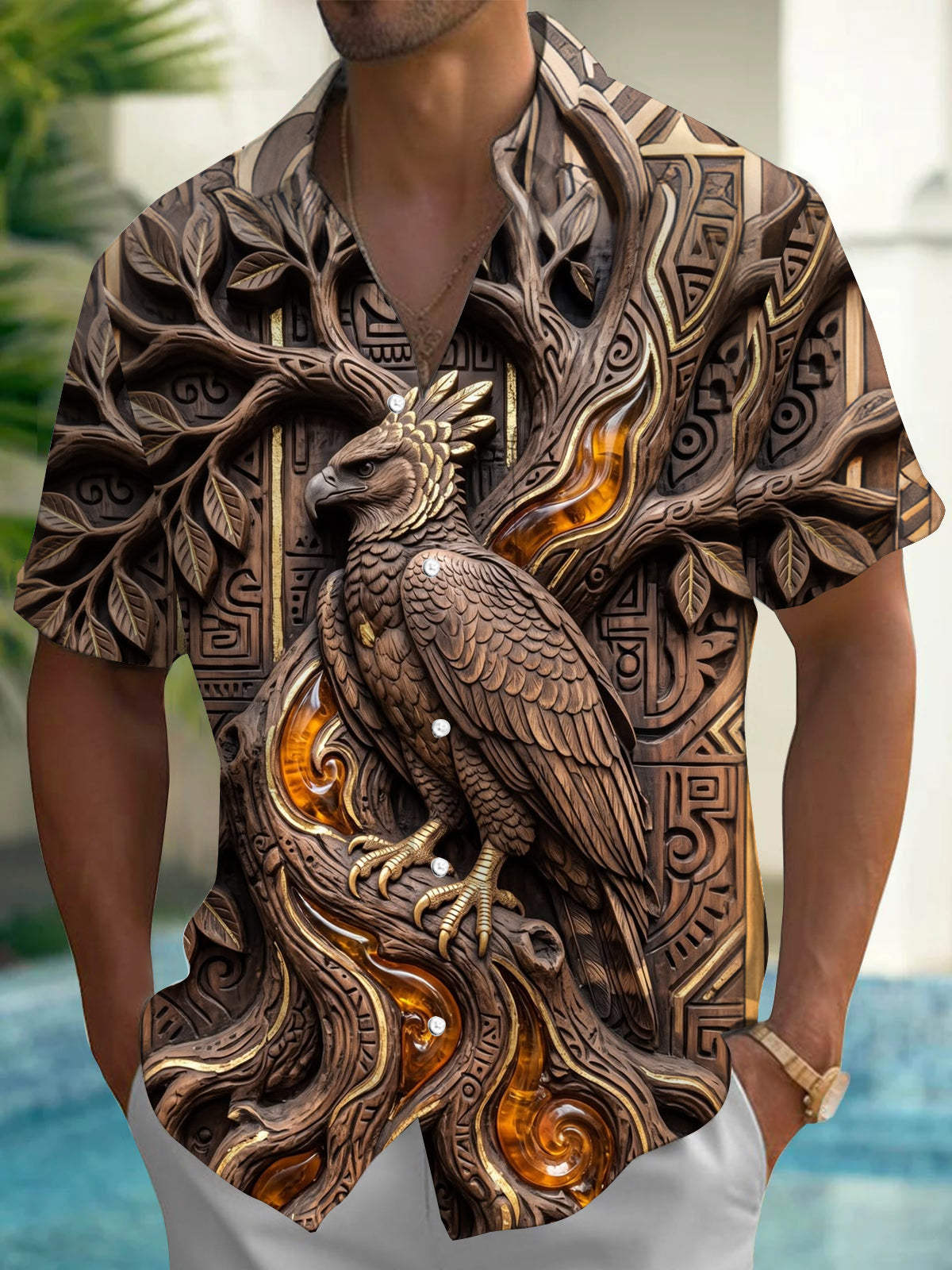 Oceanlyte Men's Printed 3D Wood Carved Eagle Print Short Sleeve Shirt with Chest Pocket