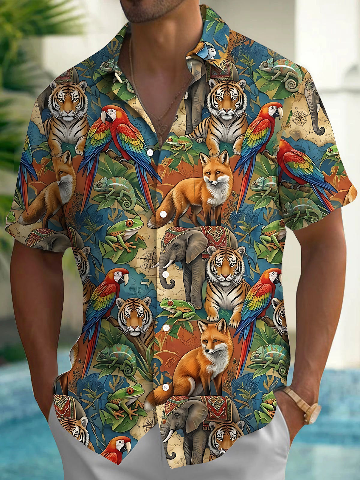Oceanlyte Men's Hawaiian Jungle Wildlife Animals Print Short Sleeve Shirt with Chest Pocket