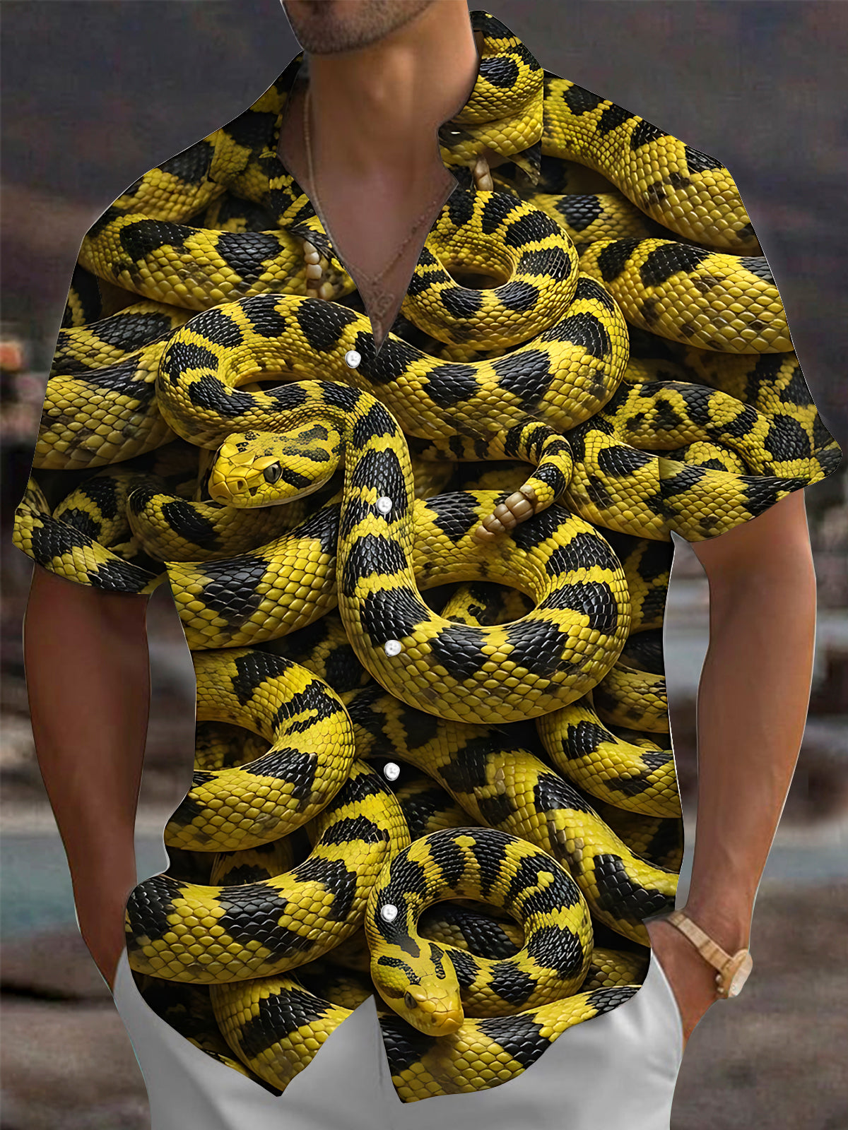 Oceanlyte Men's Printed Yellow Black Snake Print Short Sleeve Shirt with Chest Pocket