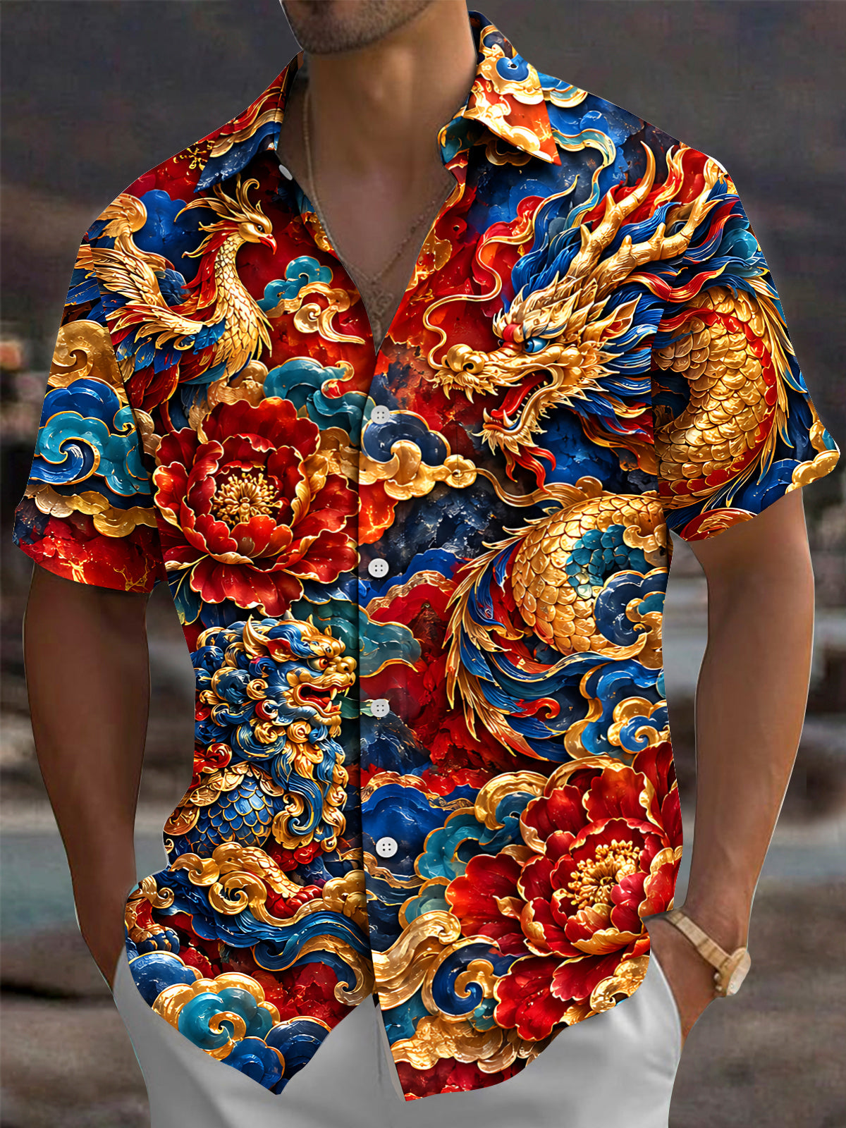 Oceanlyte Men's Printed Chinese Dragon And Phoenix Print Short Sleeve Shirt with Chest Pocket