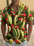 Oceanlyte Men's Hawaiian Cactus With Red Flowers Print Short Sleeve Shirt with Chest Pocket