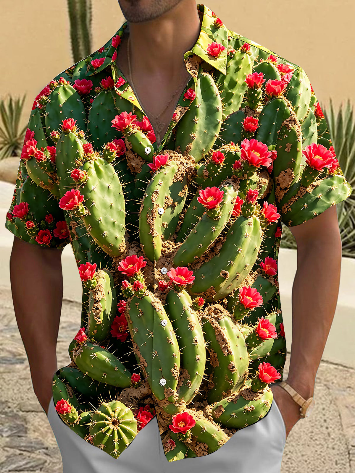 Oceanlyte Men's Hawaiian Cactus With Red Flowers Print Short Sleeve Shirt with Chest Pocket