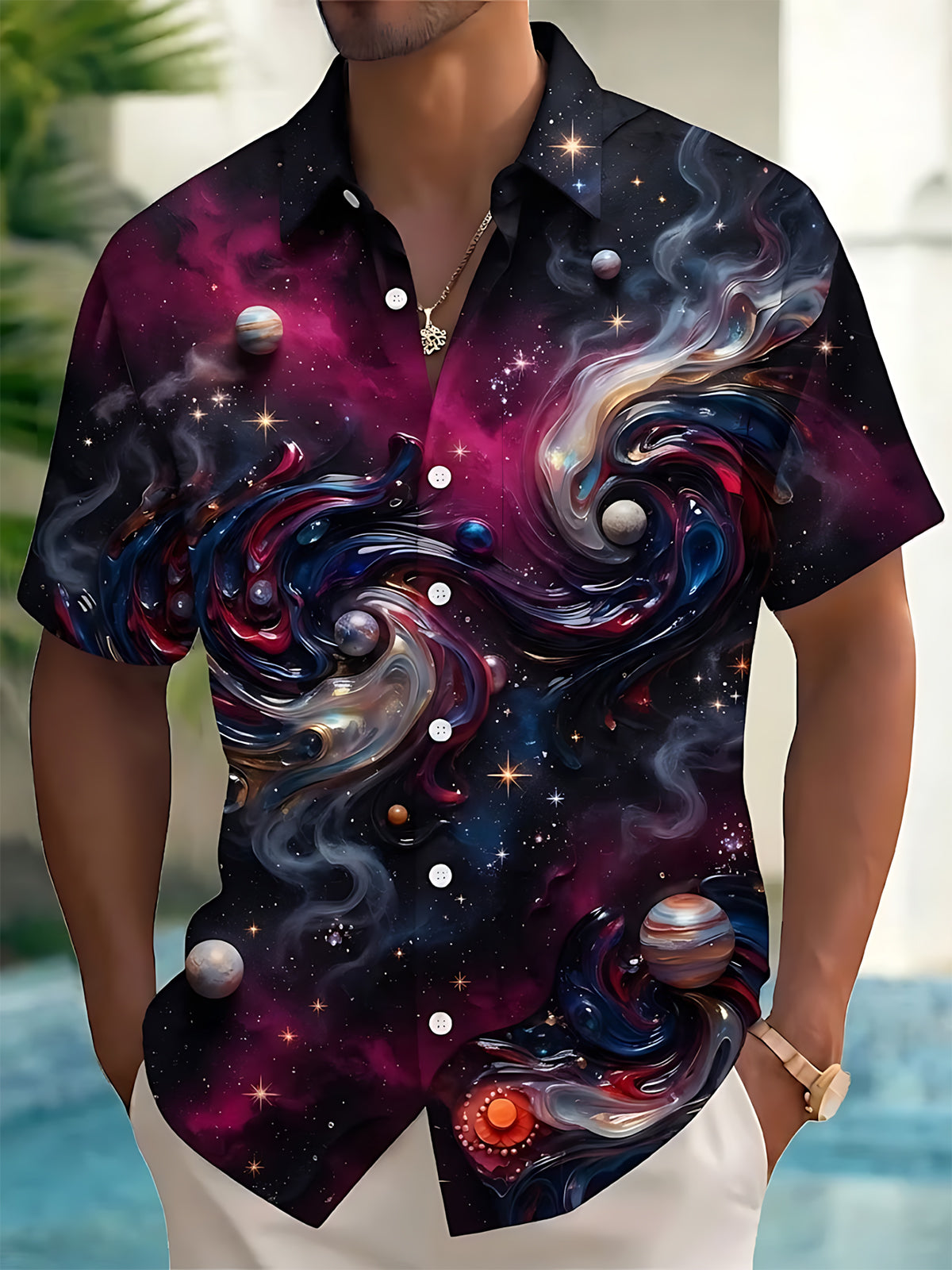 Oceanlyte Men's Printed Space Nebula Print Planets Print Short Sleeve Shirt with Chest Pocket