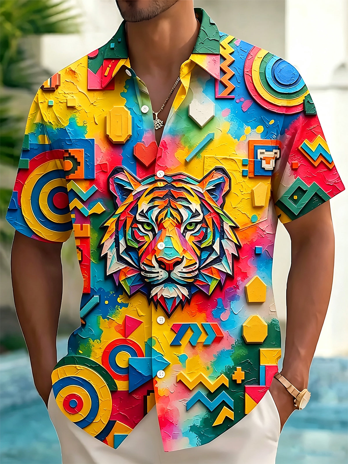 Oceanlyte Men's Graphic Colorful Geometric Tiger Print Short Sleeve Shirt with Chest Pocket