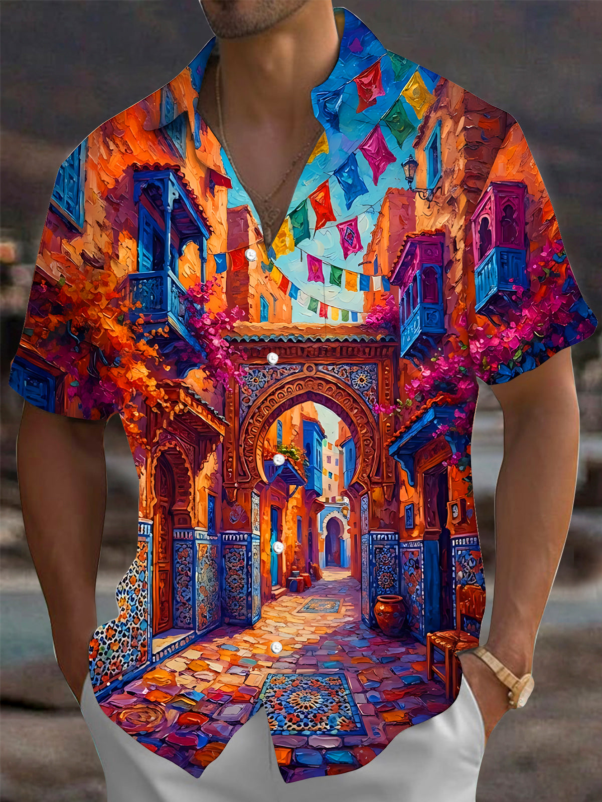 Oceanlyte Men's Graphic Oil Painting Street Scene Print Short Sleeve Shirt with Chest Pocket