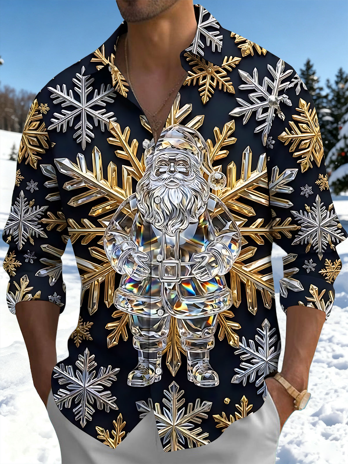 Oceanlyte Men's Graphic Christmas Print Holiday Print Long Sleeve Shirt with Chest Pocket