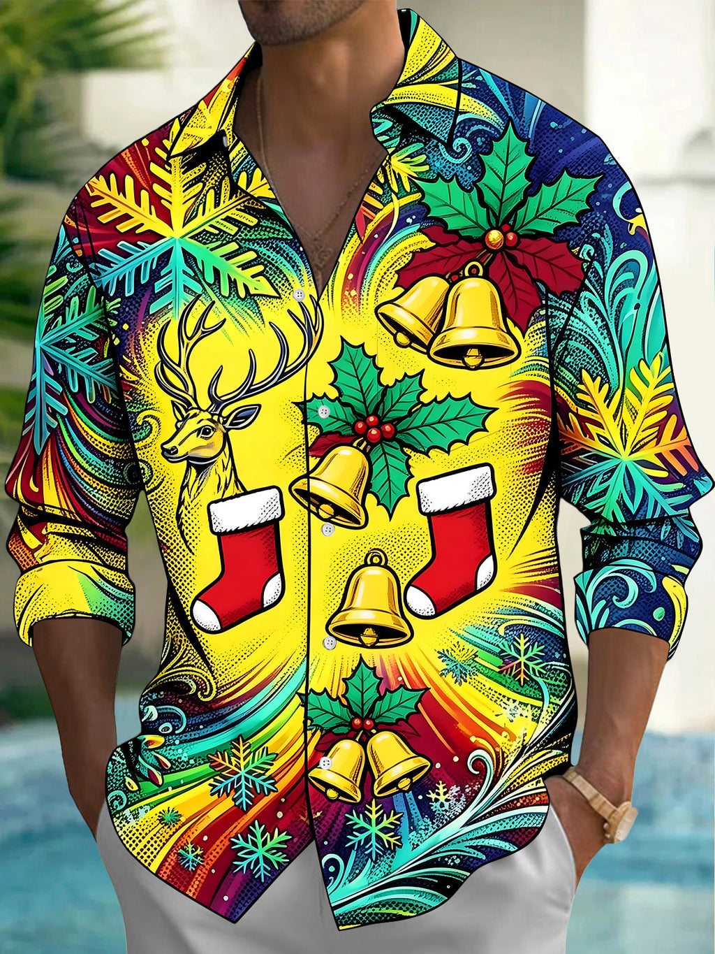 Oceanlyte Men's Graphic Christmas Reindeer Print Long Sleeve Shirt with Chest Pocket