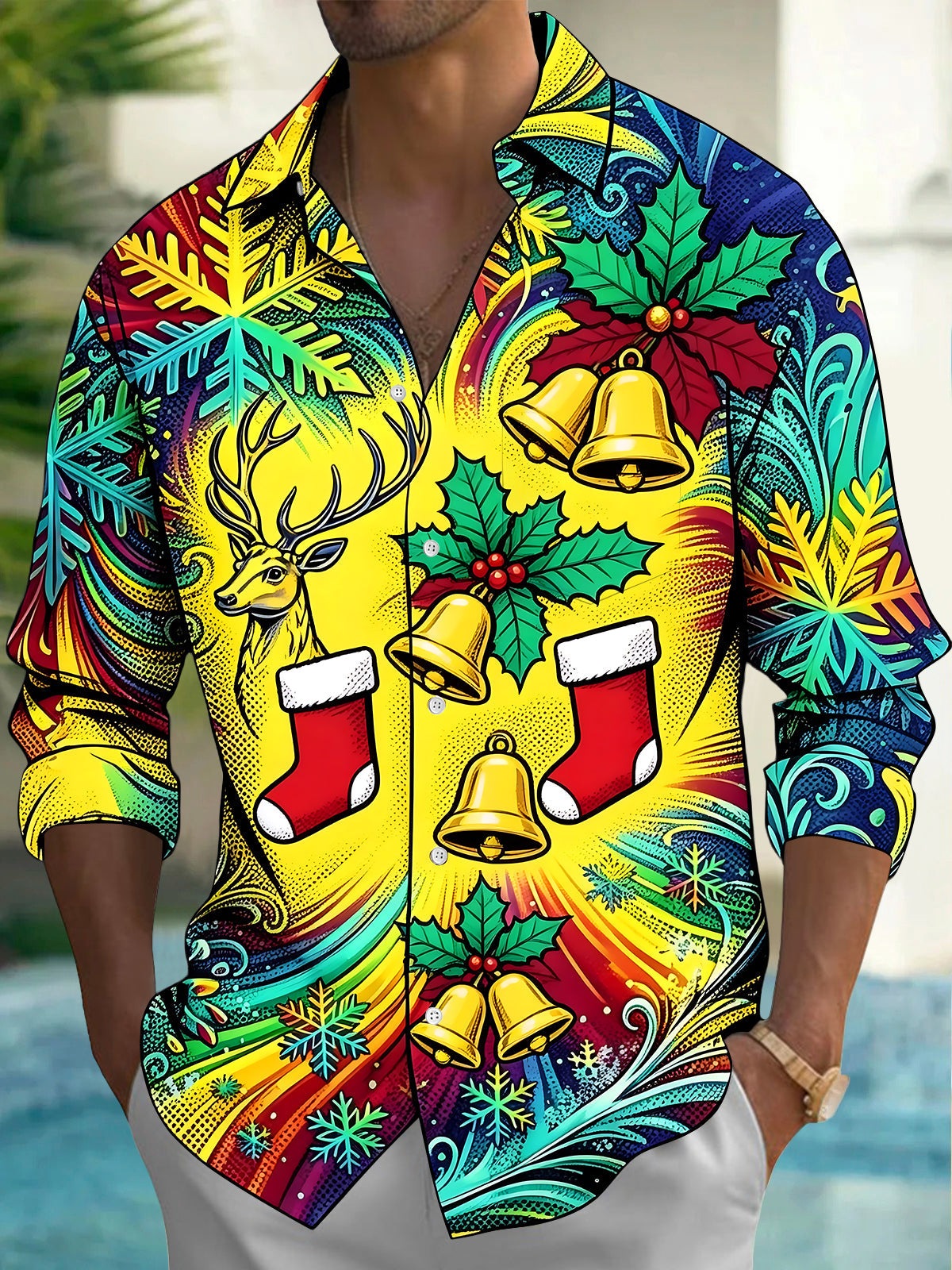 Oceanlyte Men's Graphic Christmas Reindeer Print Long Sleeve Shirt with Chest Pocket