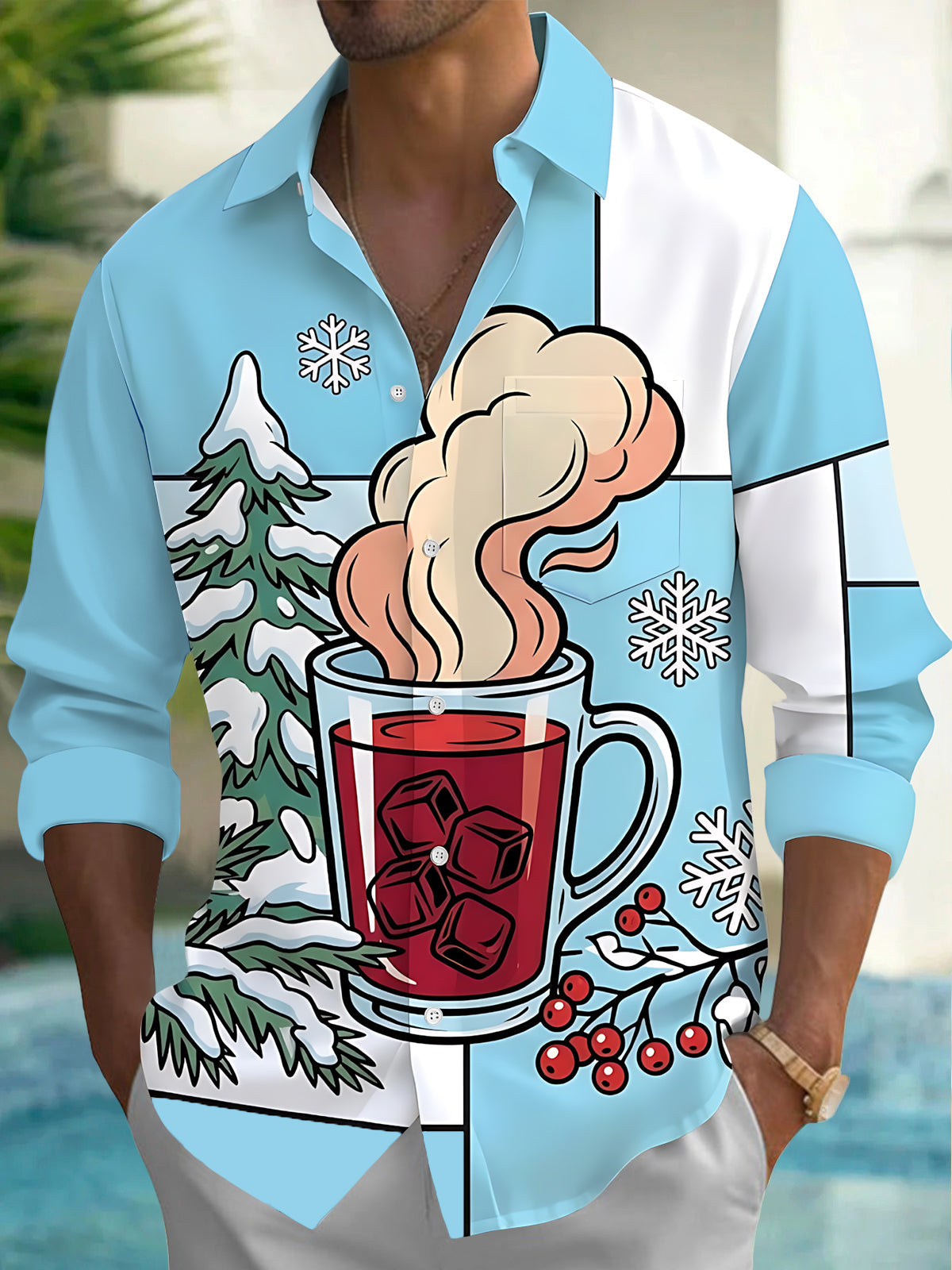 Oceanlyte Men's Printed Winter Snowflake Print Long Sleeve Shirt with Chest Pocket