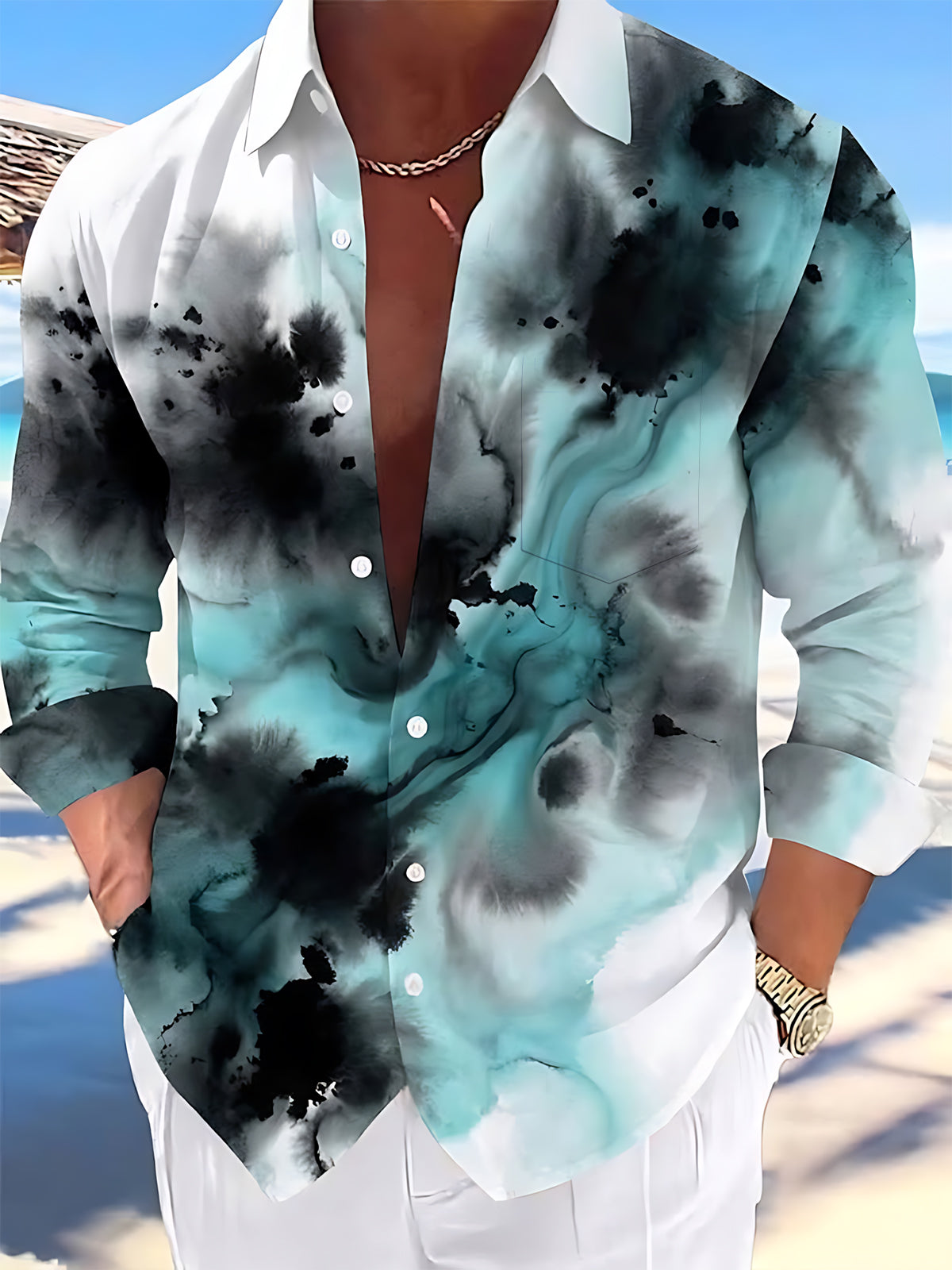 Oceanlyte Men's Tie Dye Abstract Ink Wash Print Long Sleeve Shirt with Chest Pocket