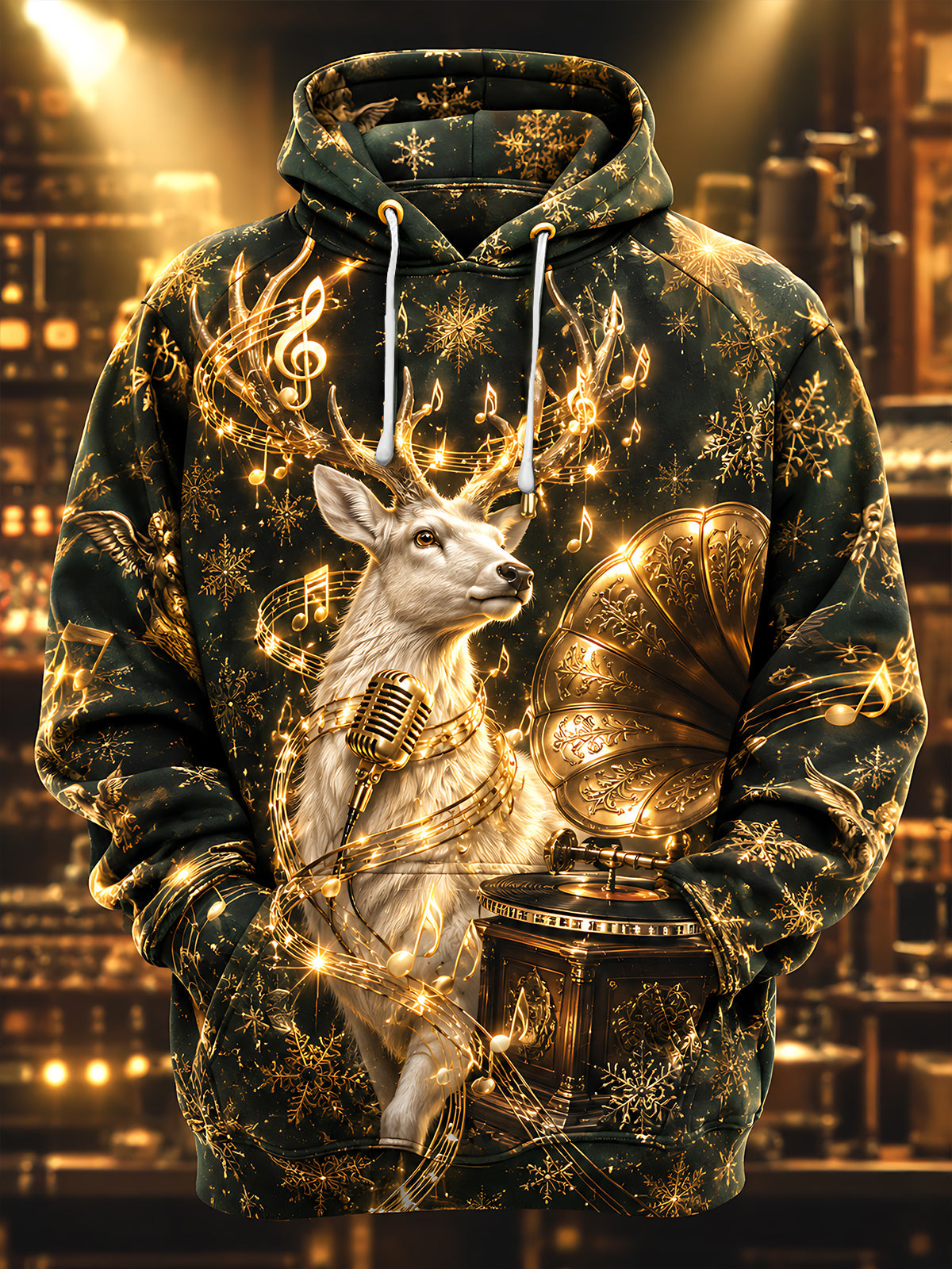 Oceanlyte Men's Graphic Golden Reindeer Print Long Sleeve Hoodie with Chest Pocket