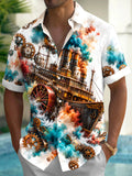 Oceanlyte Men's Vintage Style Steampunk Ship Print Short Sleeve Shirt with Chest Pocket
