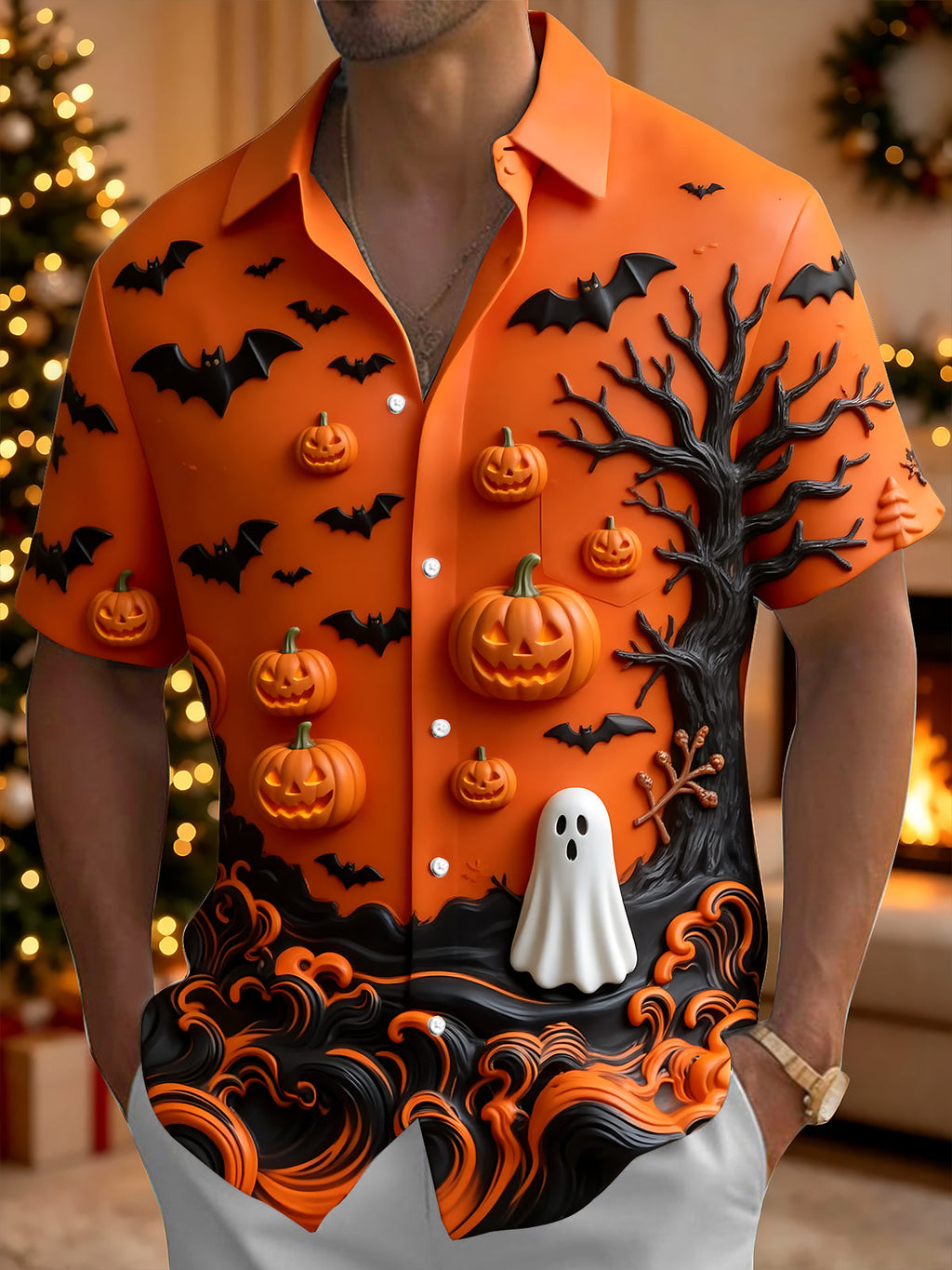 Oceanlyte Men's Graphic Halloween Pumpkins Print Bats Print Short Sleeve Shirt with Chest Pocket