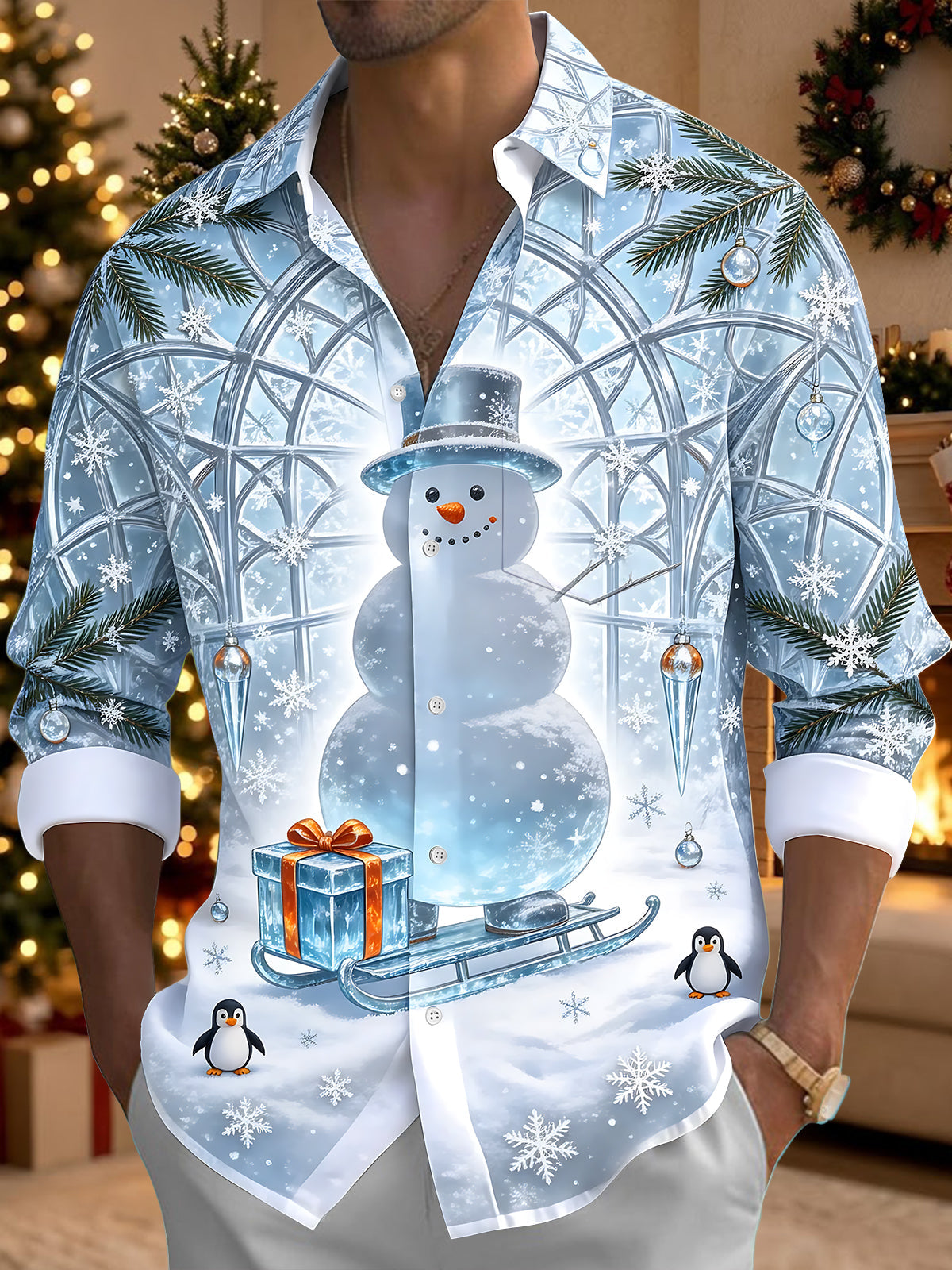 Oceanlyte Men's Graphic Christmas Snowman Print Penguin Print Long Sleeve Shirt with Chest Pocket