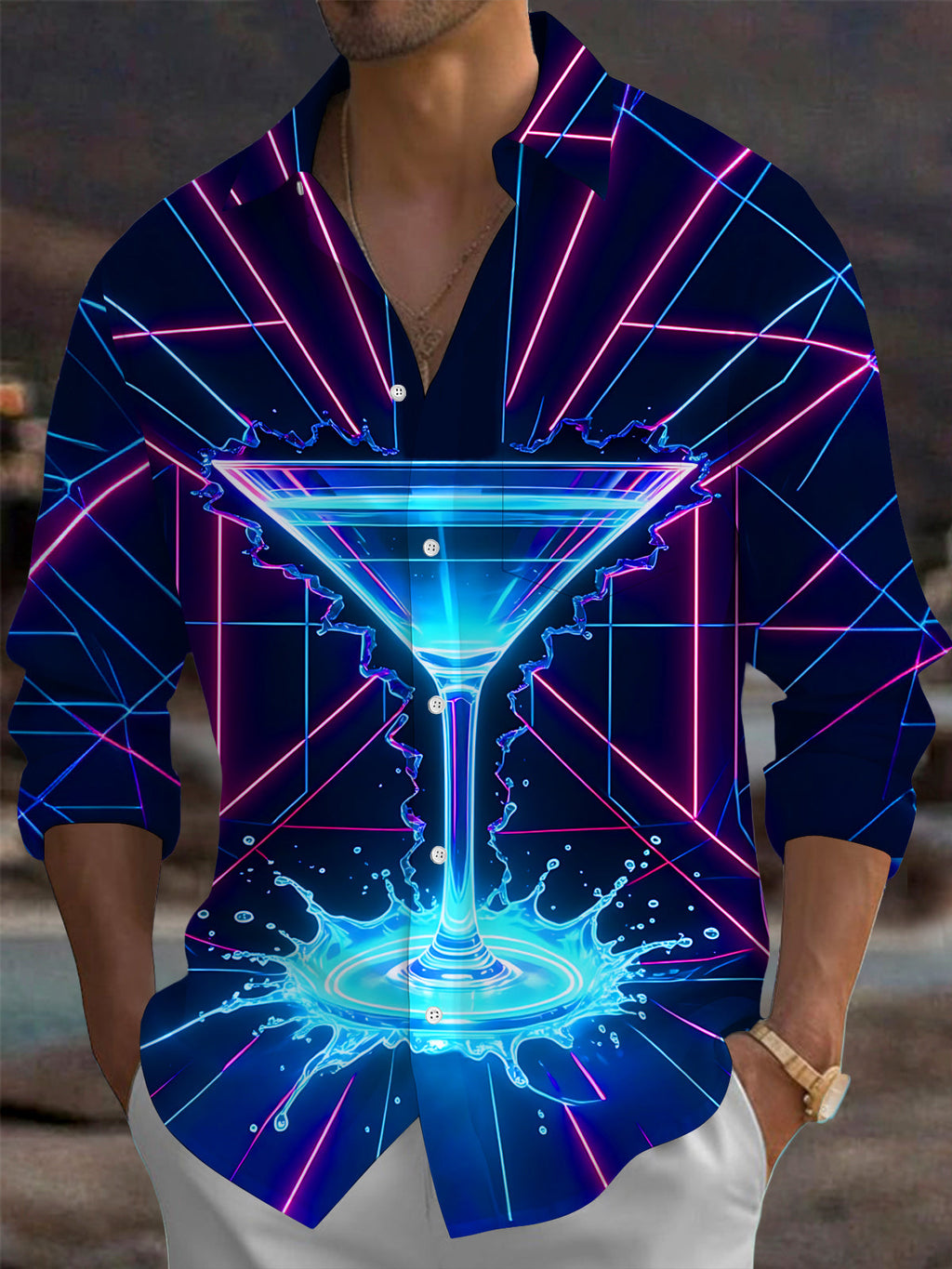 Oceanlyte Men's Graphic Neon Cocktail Glass Print Long Sleeve Shirt with Chest Pocket