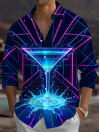 Oceanlyte Men's Graphic Neon Cocktail Glass Print Long Sleeve Shirt with Chest Pocket