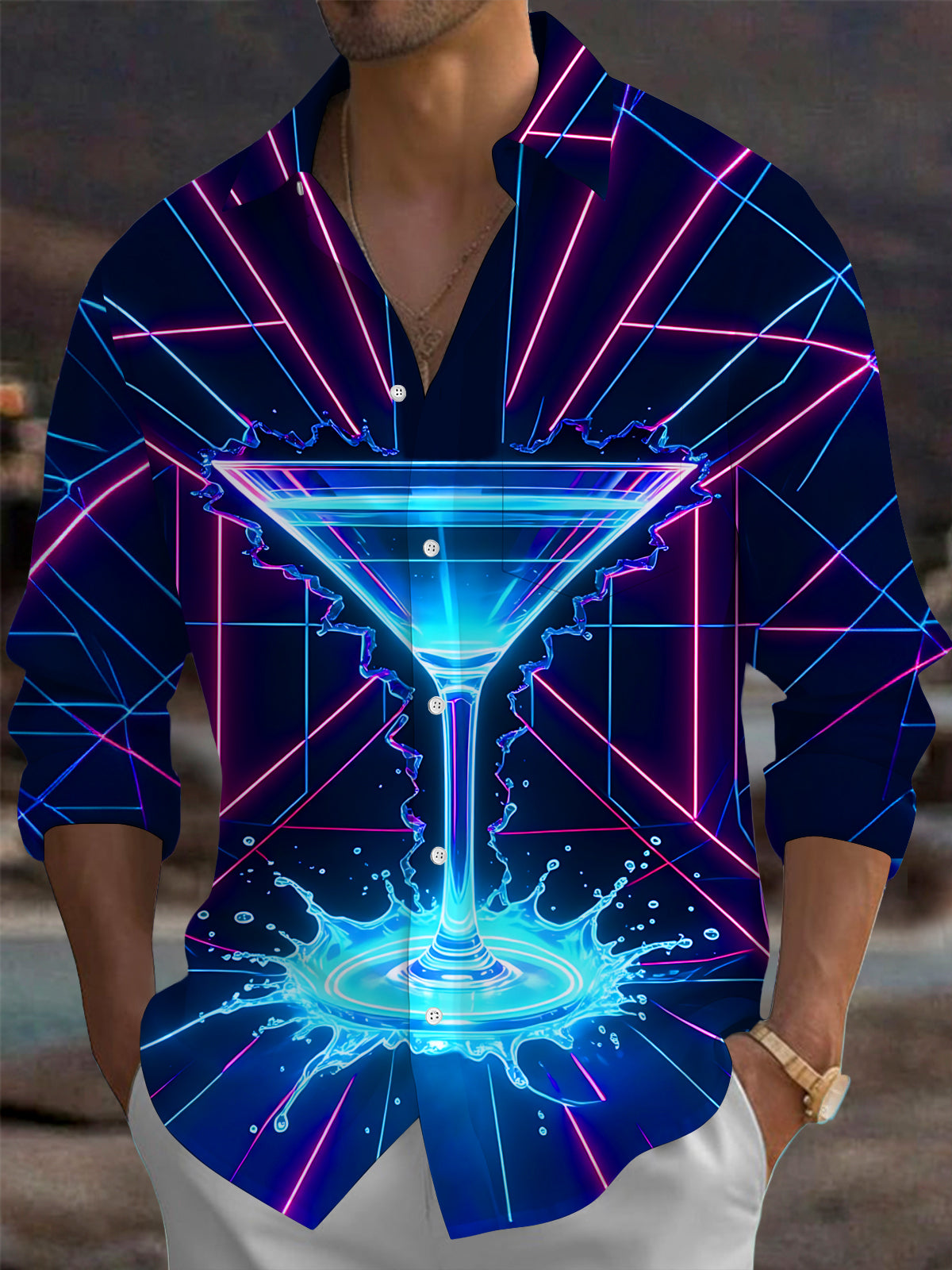 Oceanlyte Men's Graphic Neon Cocktail Glass Print Long Sleeve Shirt with Chest Pocket