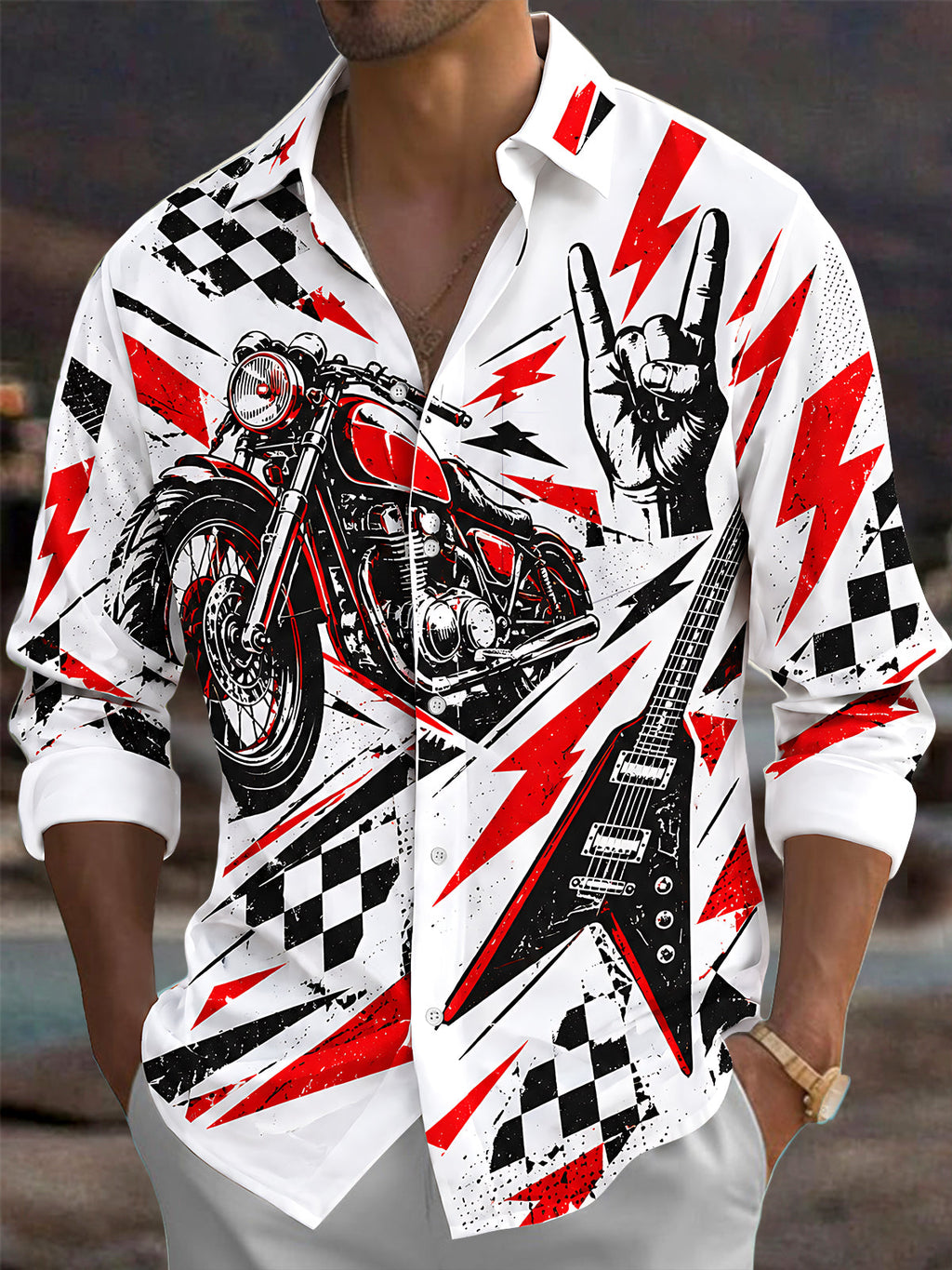 Oceanlyte Men's Graphic Motorcycle Print Electric Guitar Print Long Sleeve Shirt with Chest Pocket