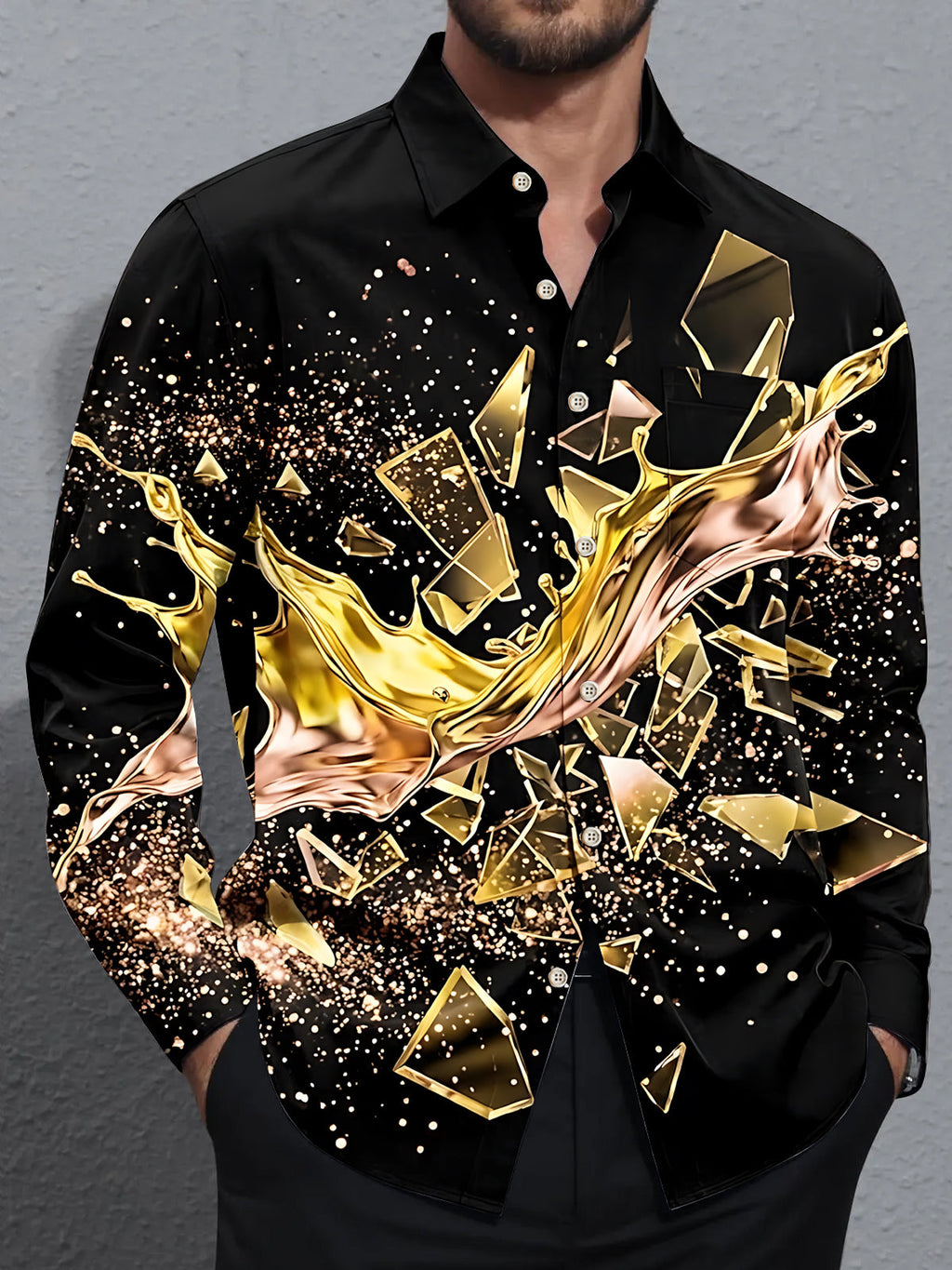 Oceanlyte Men's 3D 3D Gold Liquid Splash Print Long Sleeve Shirt with Chest Pocket