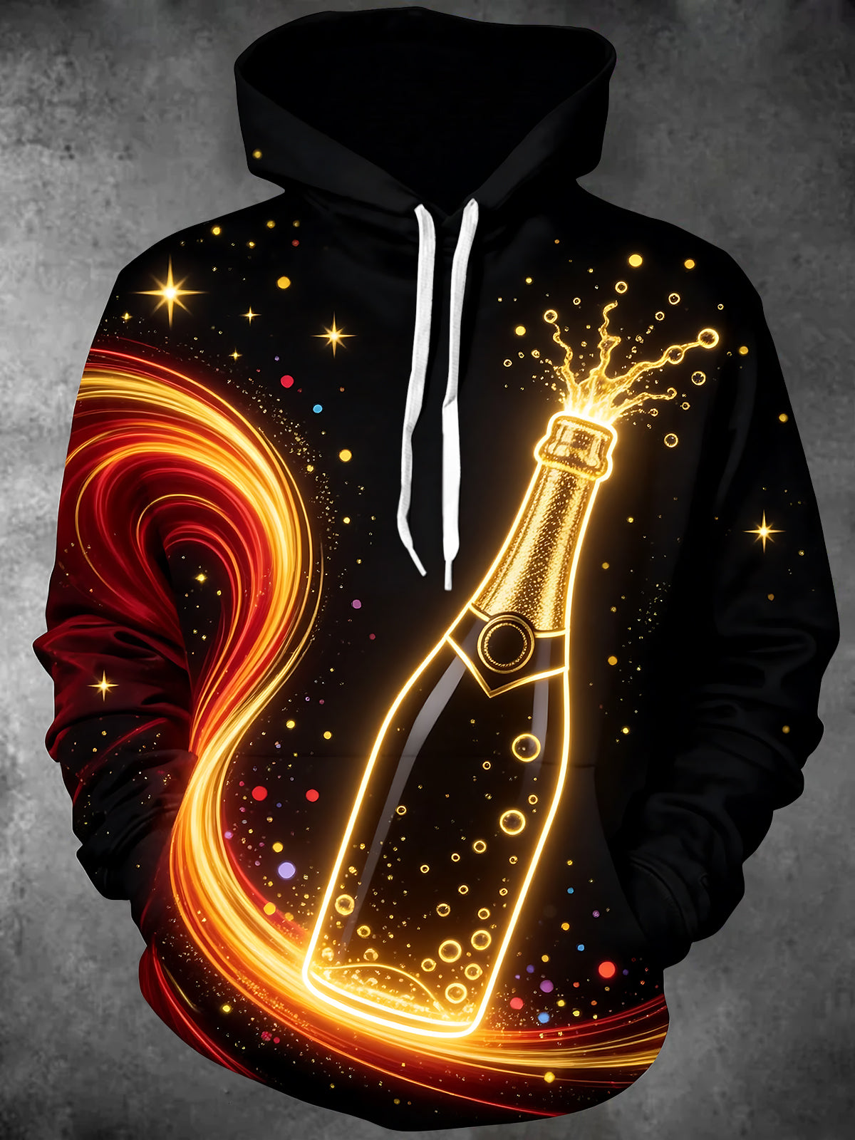 Oceanlyte Men's Graphic Neon Champagne Bottle Print Long Sleeve Hoodie with Chest Pocket