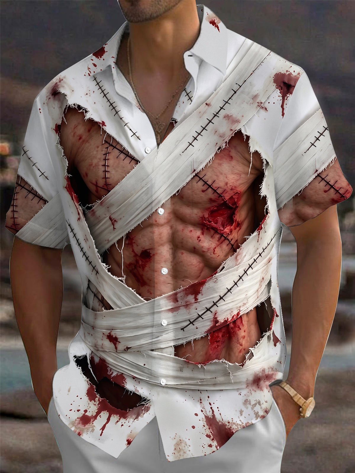 Oceanlyte Men's Short Sleeve Shirt - Halloween Zombie Bandage And Blood Splatter Print with Chest Pocket