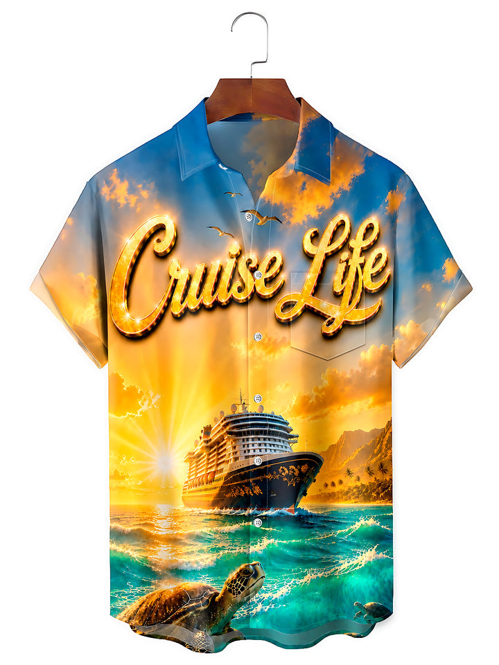 Hawaiian Cruise Life Sunset Turtle Men's Pocket Short Sleeve Shirts