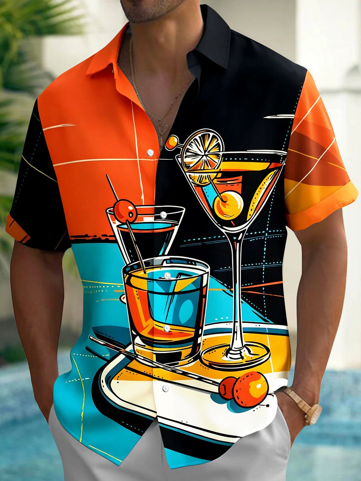 Oceanlyte Men's Cocktail Drink Graphic Print Short Sleeve Button Down Shirt with Chest Pocket