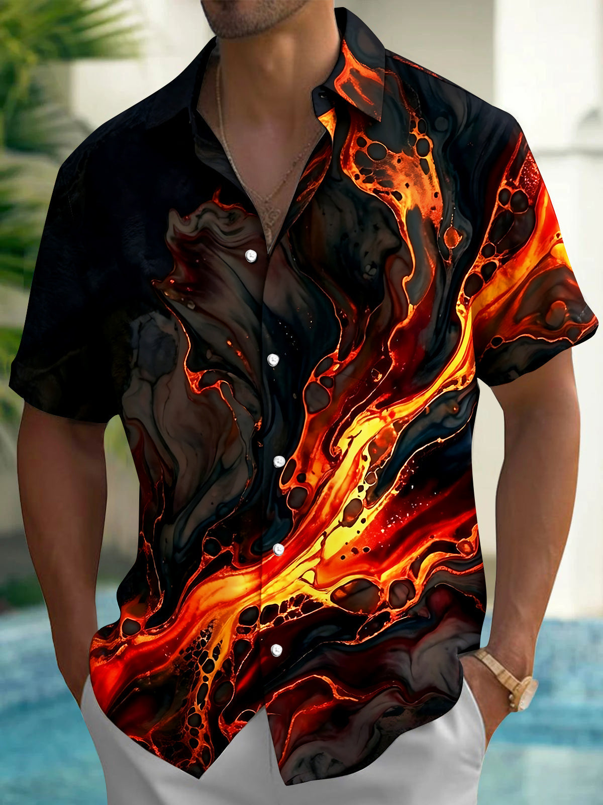 Oceanlyte Men's Graphic Abstract Lava Fluid Print Short Sleeve Button Down Shirt with Chest Pocket