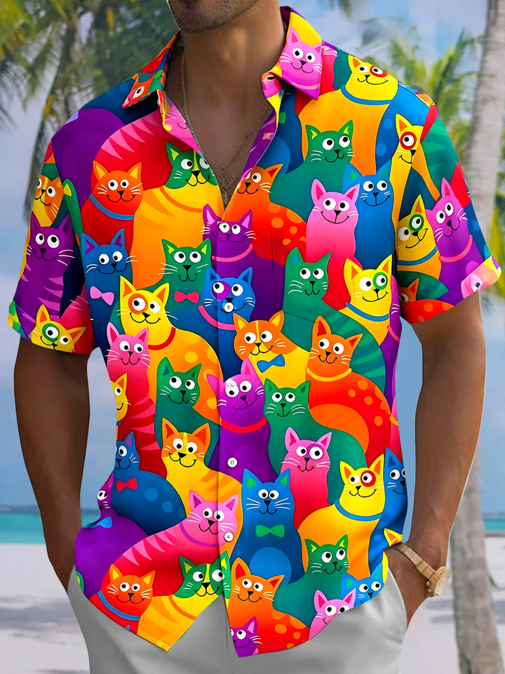 Oceanlyte Men's Hawaiian Colorful Cartoon Cat Print Short Sleeve Button Down Shirt with Chest Pocket
