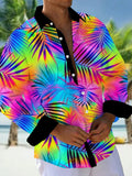 Oceanlyte Men's Hawaiian Tropical Rainbow Gradient Palm Leaf Print Long Sleeve Button Down Shirt with Chest Pocket